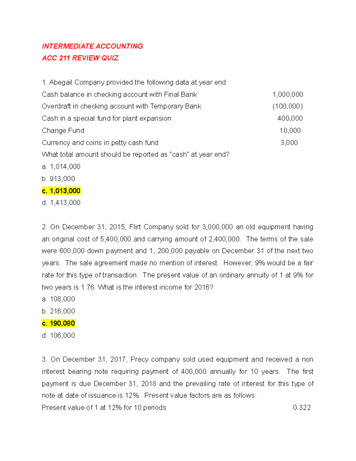 ACC 211 Review QUIZ Answers - INTERMEDIATE ACCOUNTING ACC 211 REVIEW ...