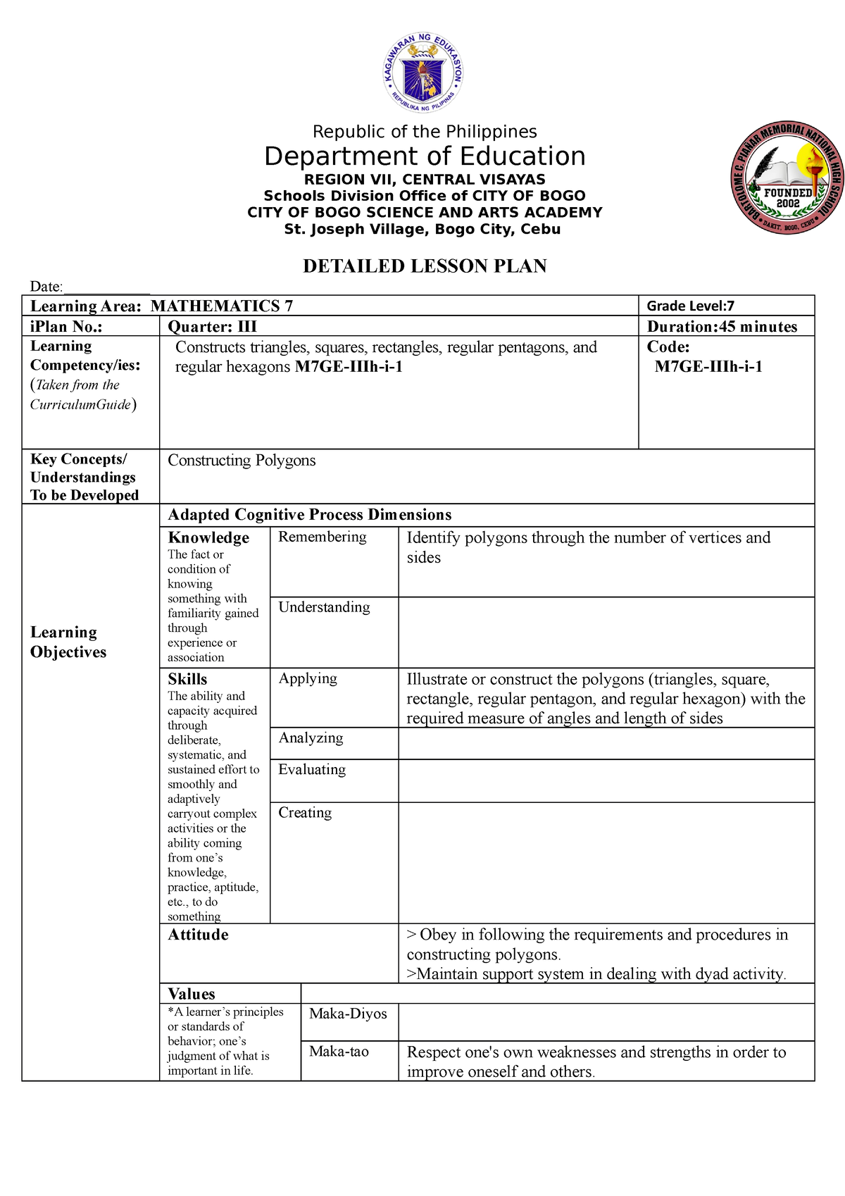 DEMO MATH 7 WEEK 7 - This is a DLP. - Republic of the Philippines ...