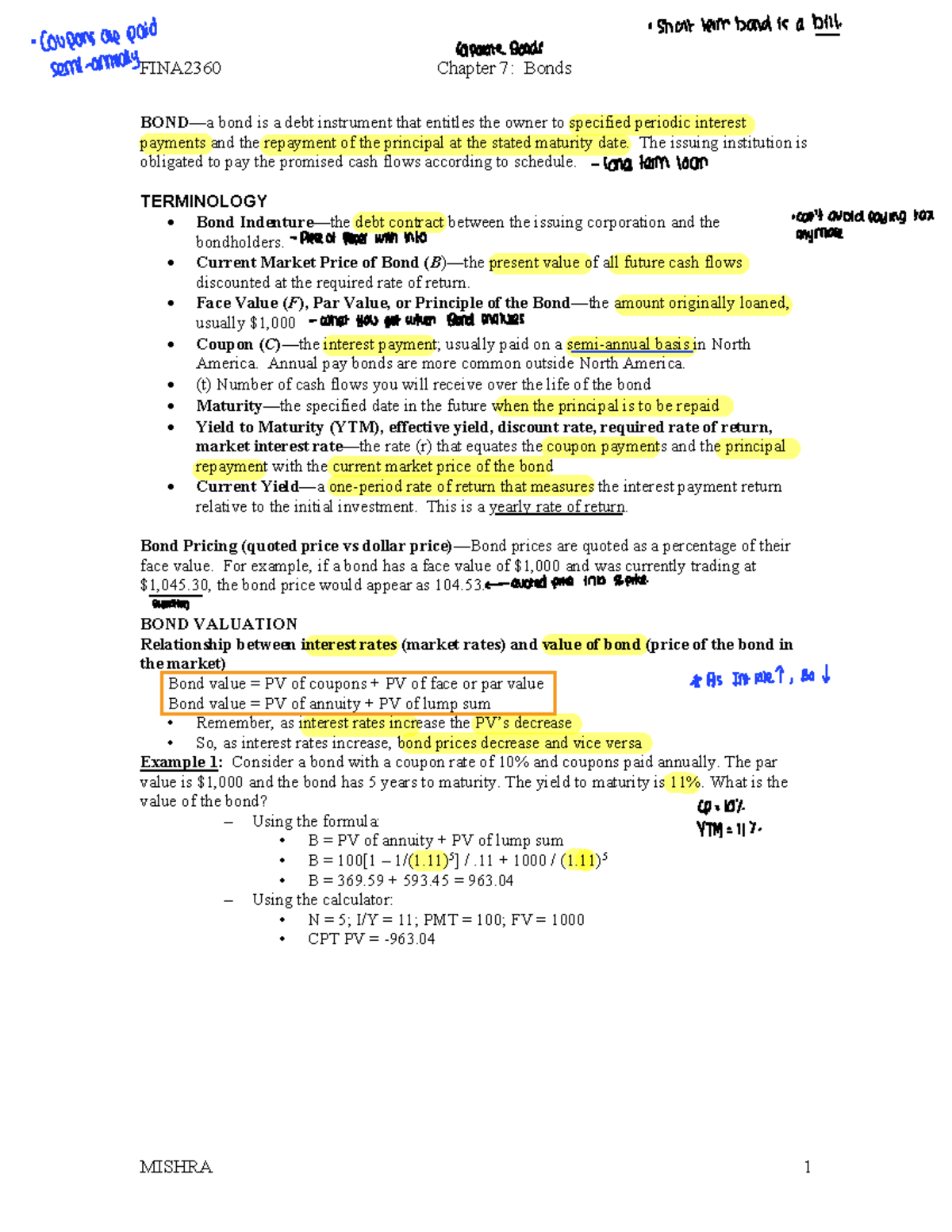 Chapter 7 - Bonds - FINA2360 Chapter 7: Bonds MISHRA 1 BOND ²a bond is ...