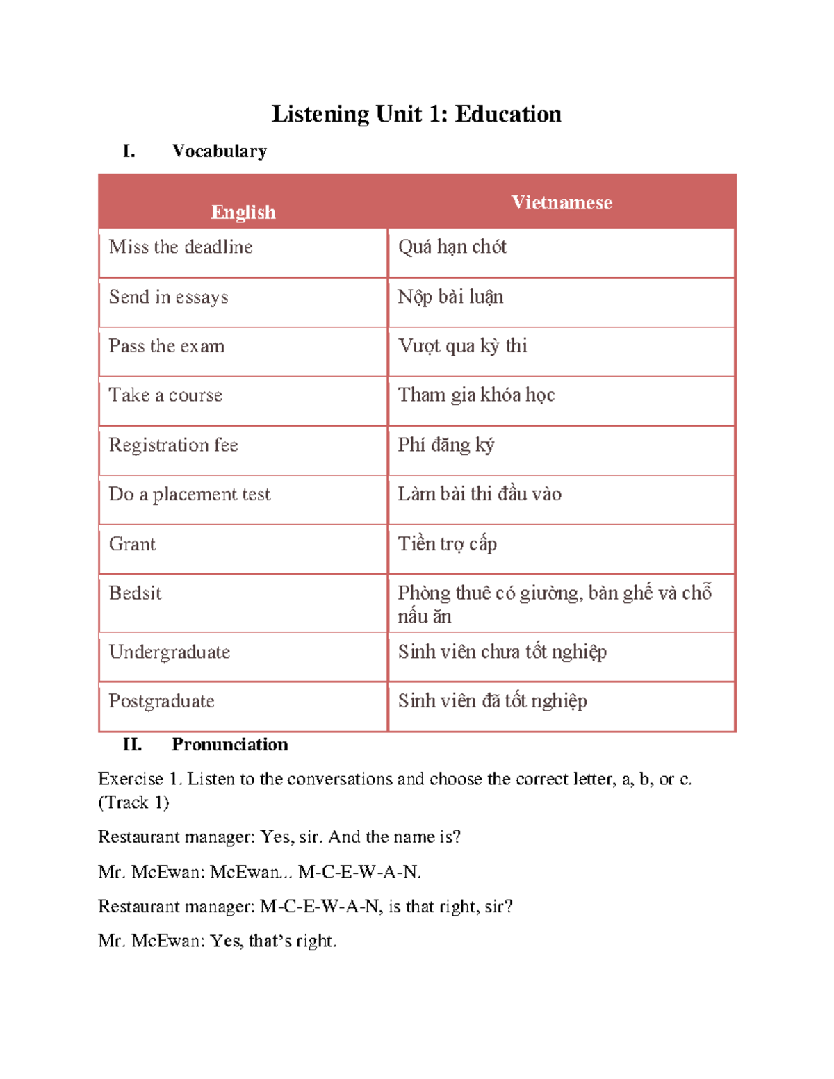 F Listening 1 - Listening Unit 1: Education I. Vocabulary English ...