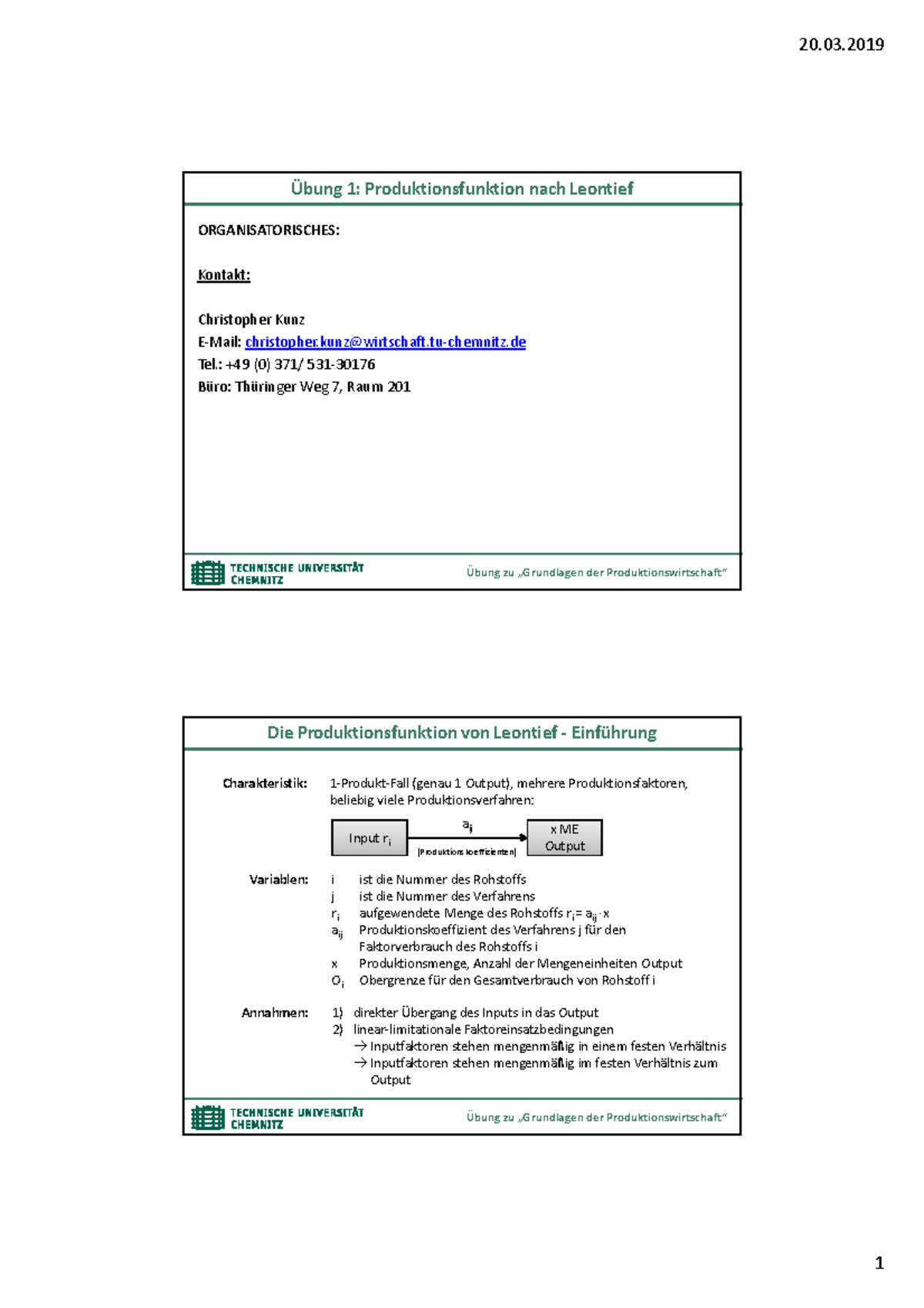 Übung Theorie - SS 2019 - 20.03 1: Produktionsfunktion Nach Leontief ...