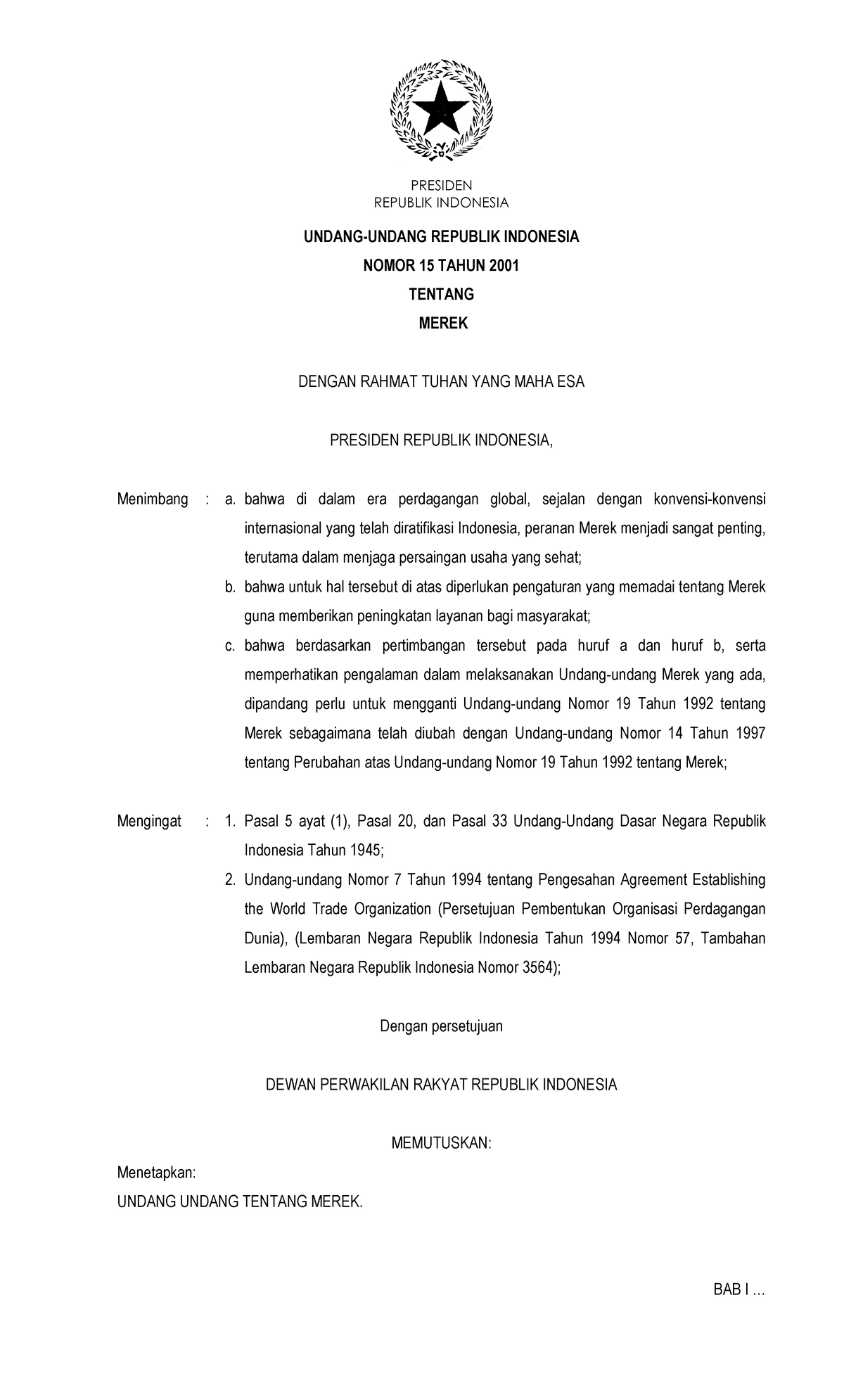 UU Nomor 15 Tahun 2001 - REPUBLIK INDONESIA UNDANG-UNDANG REPUBLIK ...