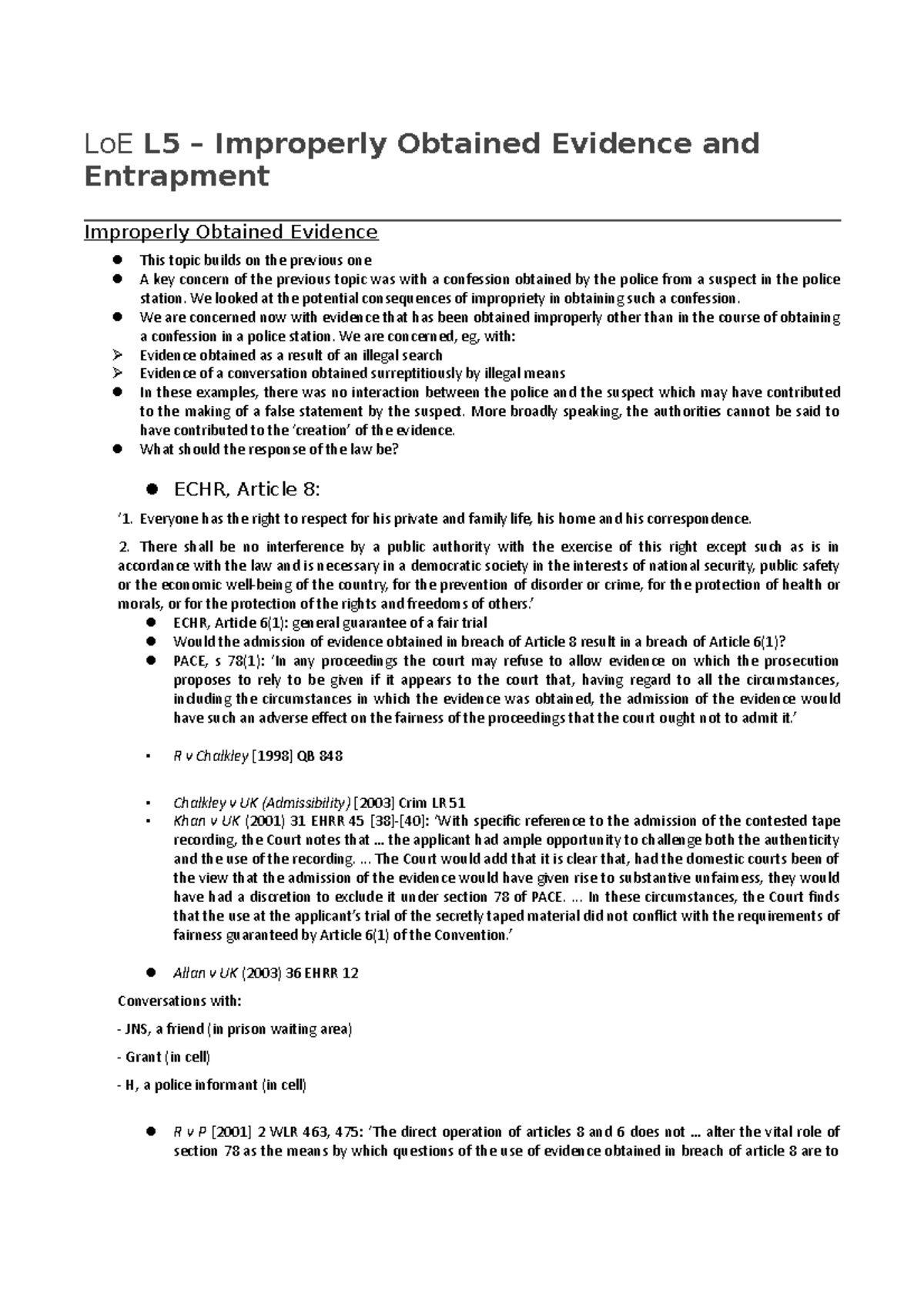 Evidence Law Lecture 5 Notes Improperly Obtained Evidence and