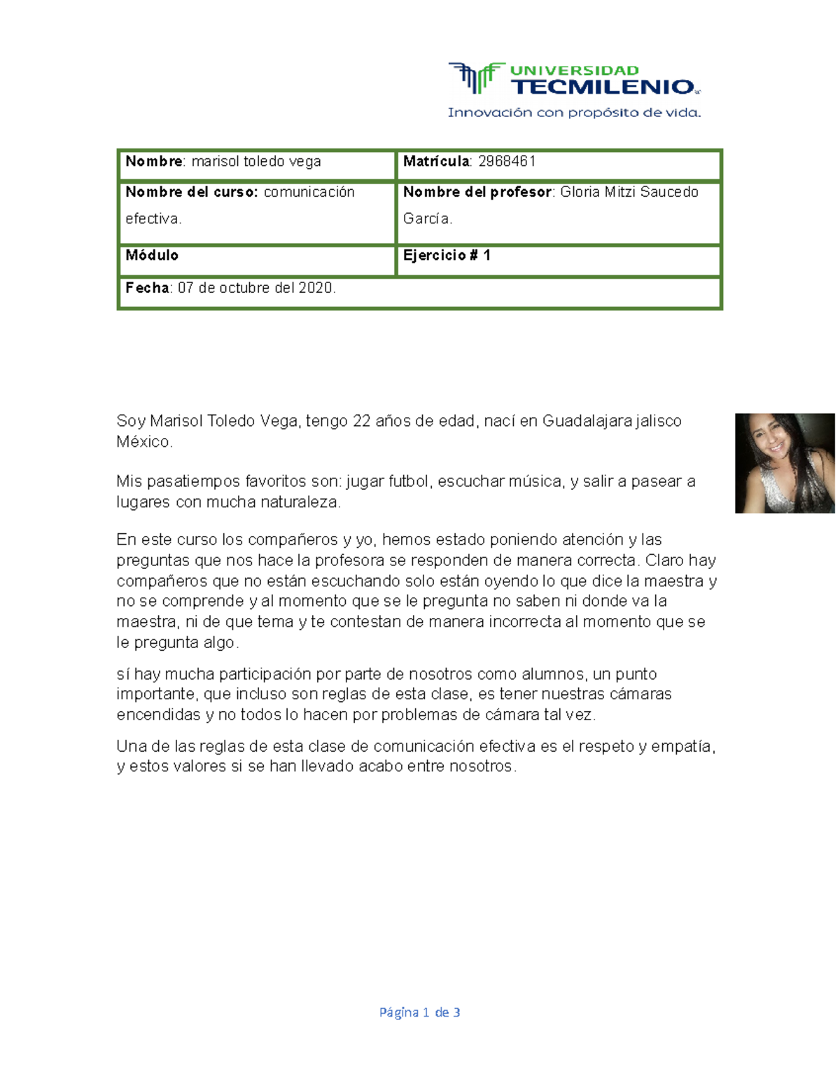 Ejersicio 1 comunicacion efectiva - Nombre : marisol toledo vega ...