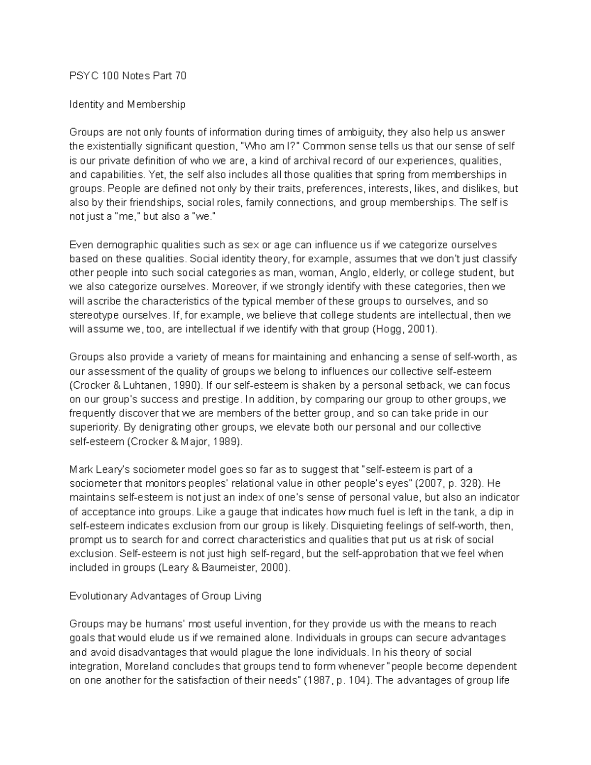 PSYC 100 Notes Part 70 - PSYC 100 Notes Part 70 Identity and Membership ...