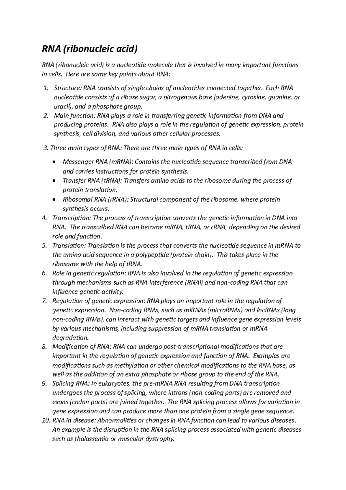 RNA (ribonucleic acid) - Here are some key points about RNA: Structure ...