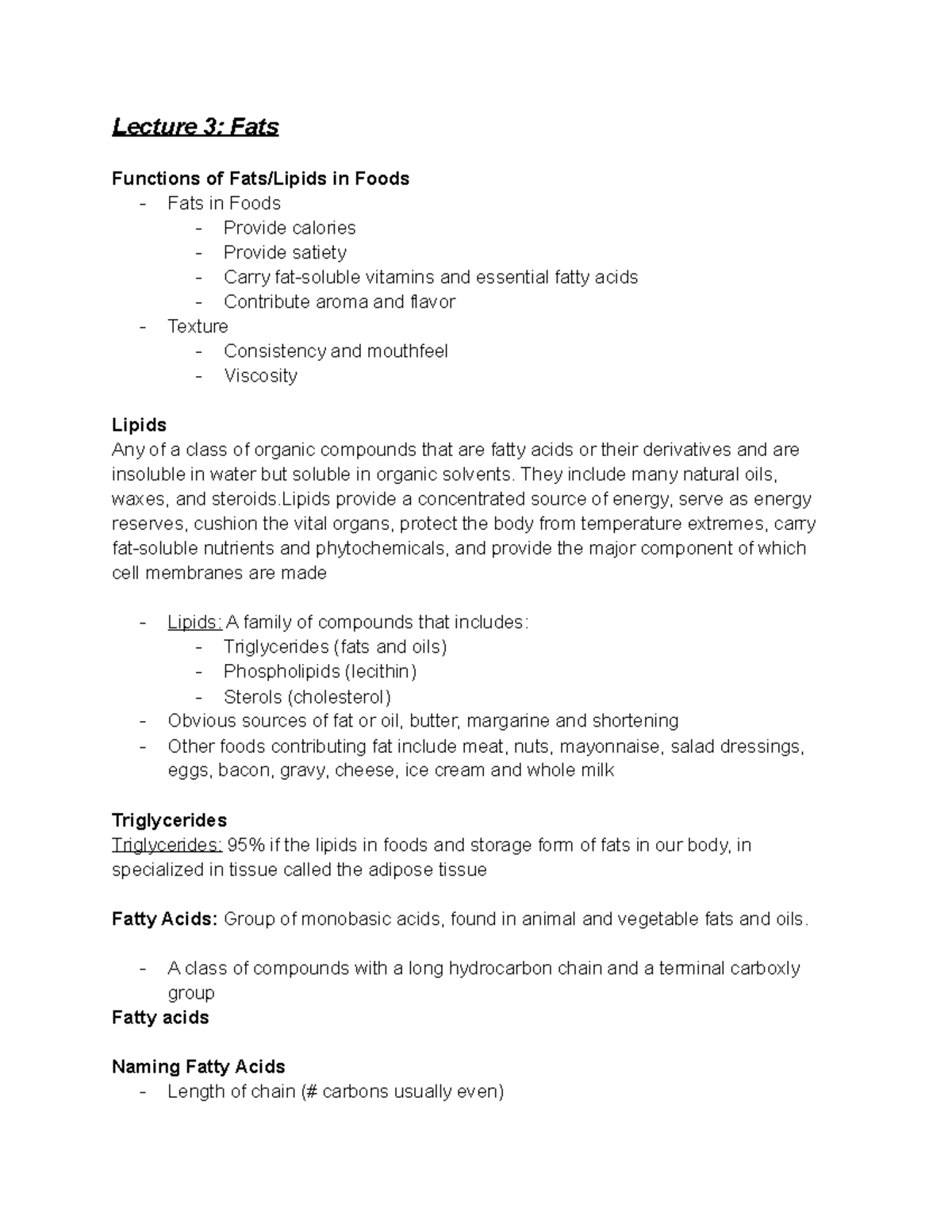 Lecture 3- Fats - Lecture 3: Fats Functions of Fats/Lipids in Foods ...