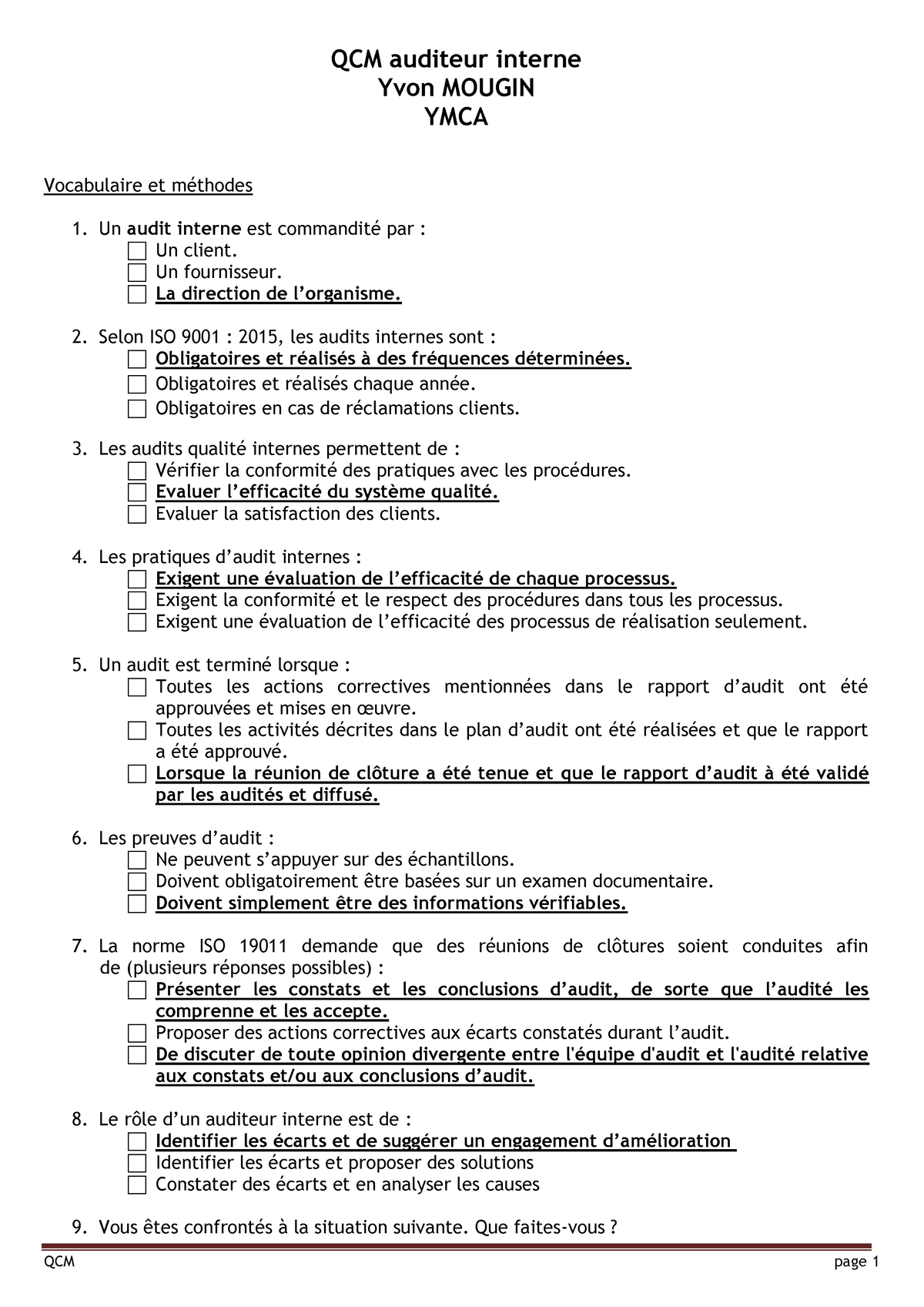 Scribd -unyvgf - QCM Auditeur Interne Yvon MOUGIN YMCA QCM Page 1 ...