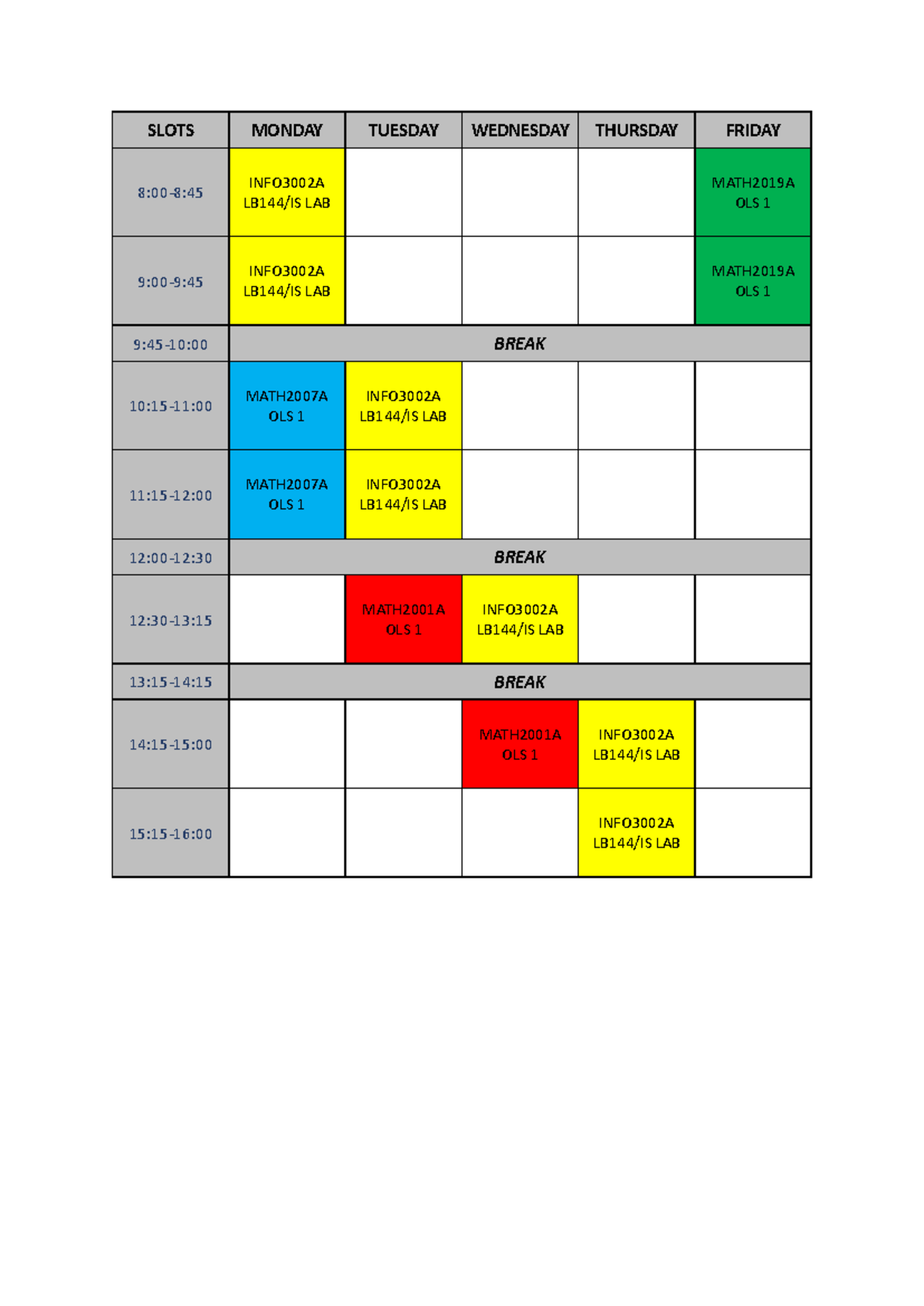 2024 Timetable SEM1 - SLOTS MONDAY TUESDAY WEDNESDAY THURSDAY FRIDAY 8: ...