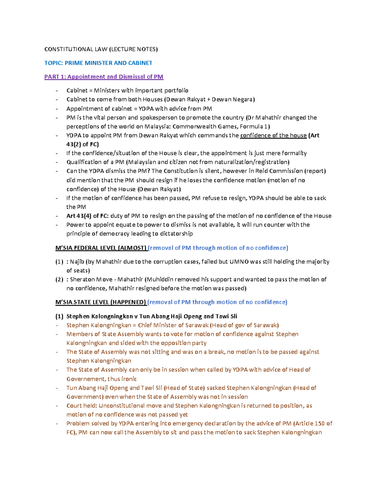 Lecture Notes (PM+Cabinet) - CONSTITUTIONAL LAW (LECTURE NOTES) TOPIC ...