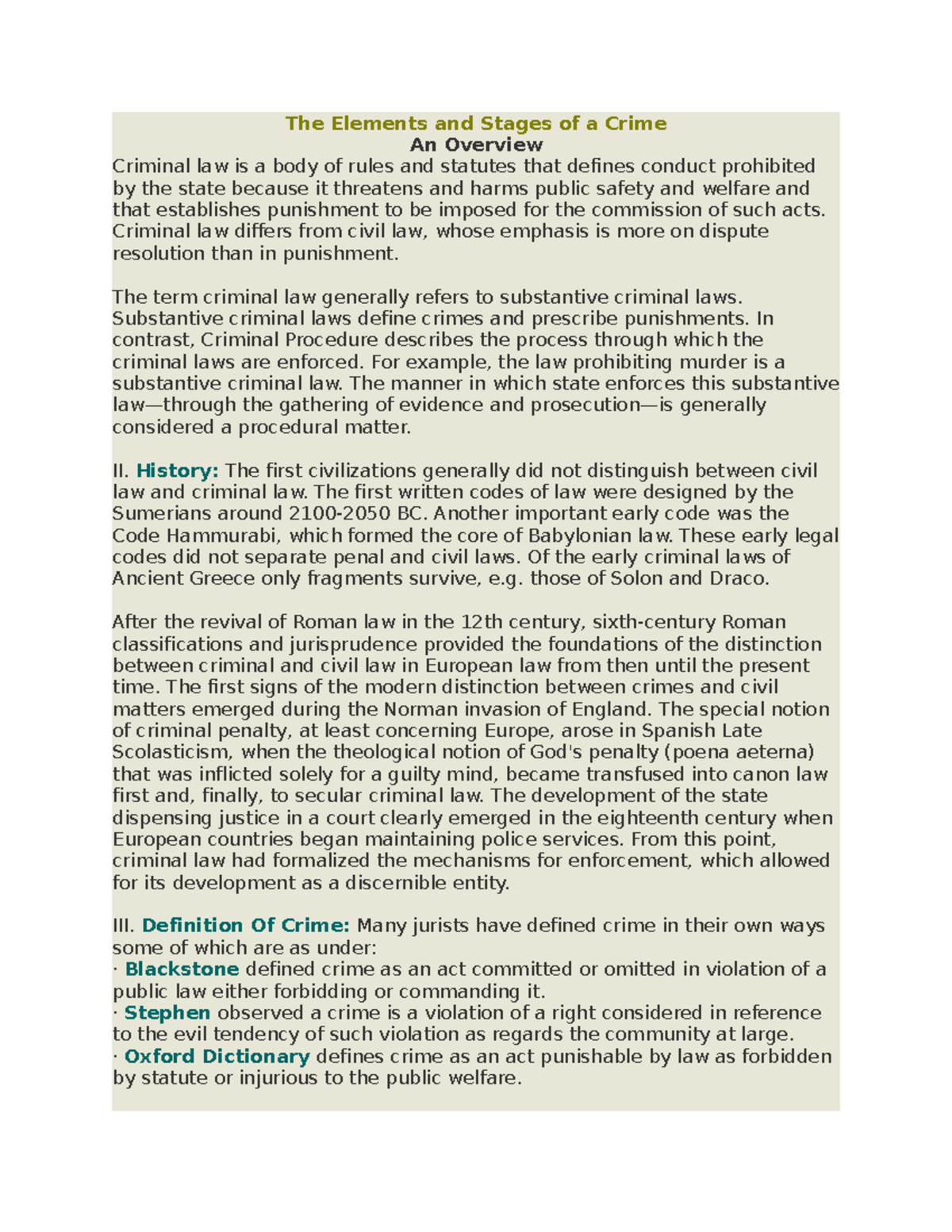 The Elements and Stages of a Crime - Criminal law differs from civil ...