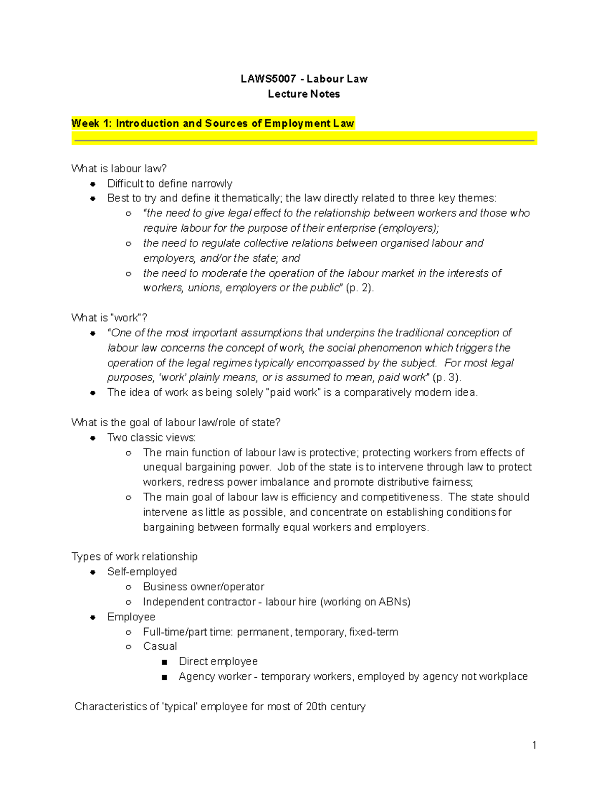 LAWS5007 - Labour Law Lecture Notes - LAWS5007 - Labour Law Lecture ...