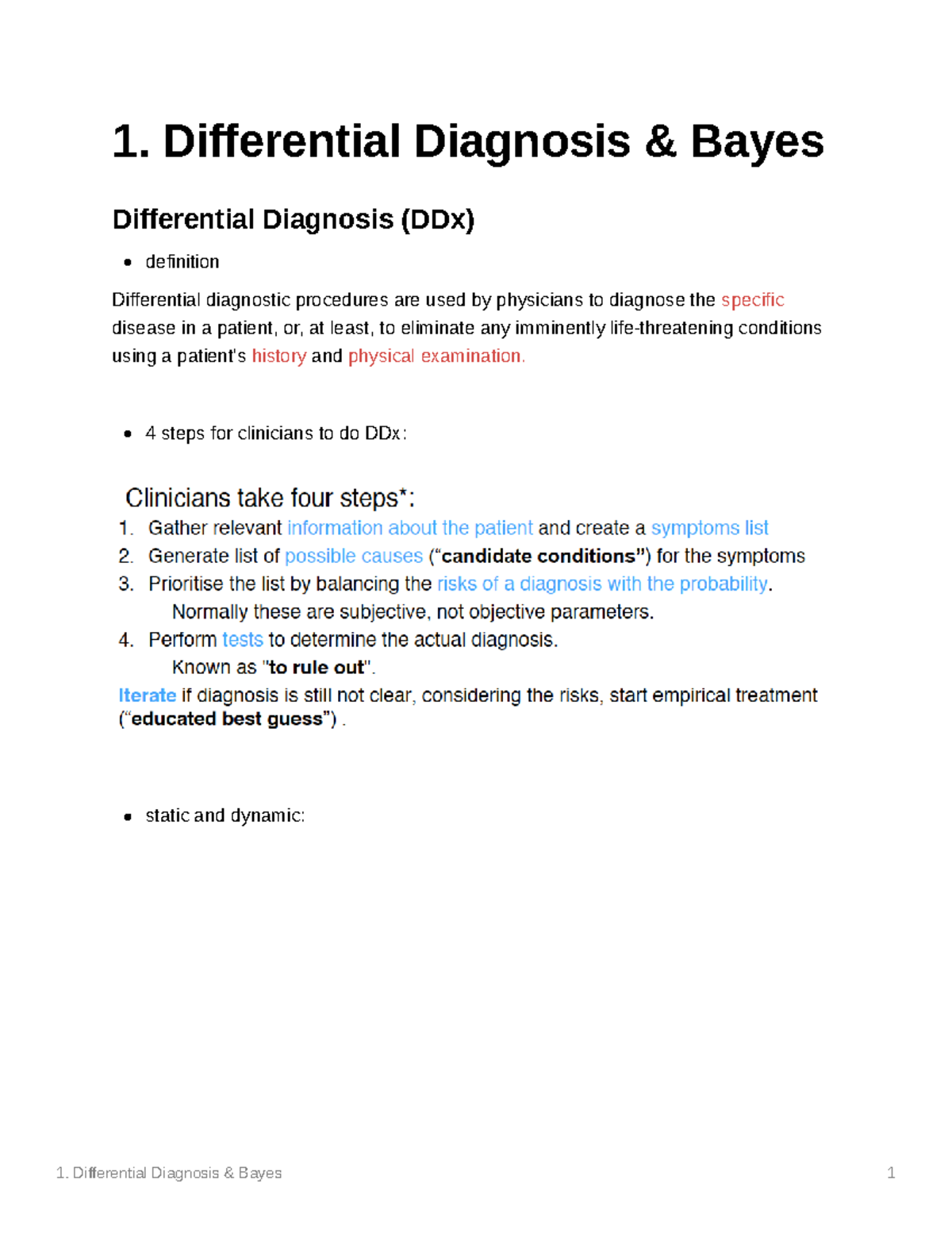 Chapter 1 notes - 1. Differential Diagnosis & Bayes Differential ...