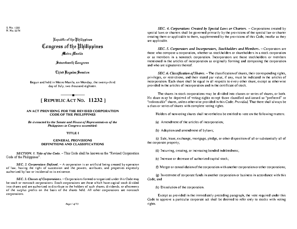 Revised Corporation Code Of The Philippines - Accountancy - Studocu