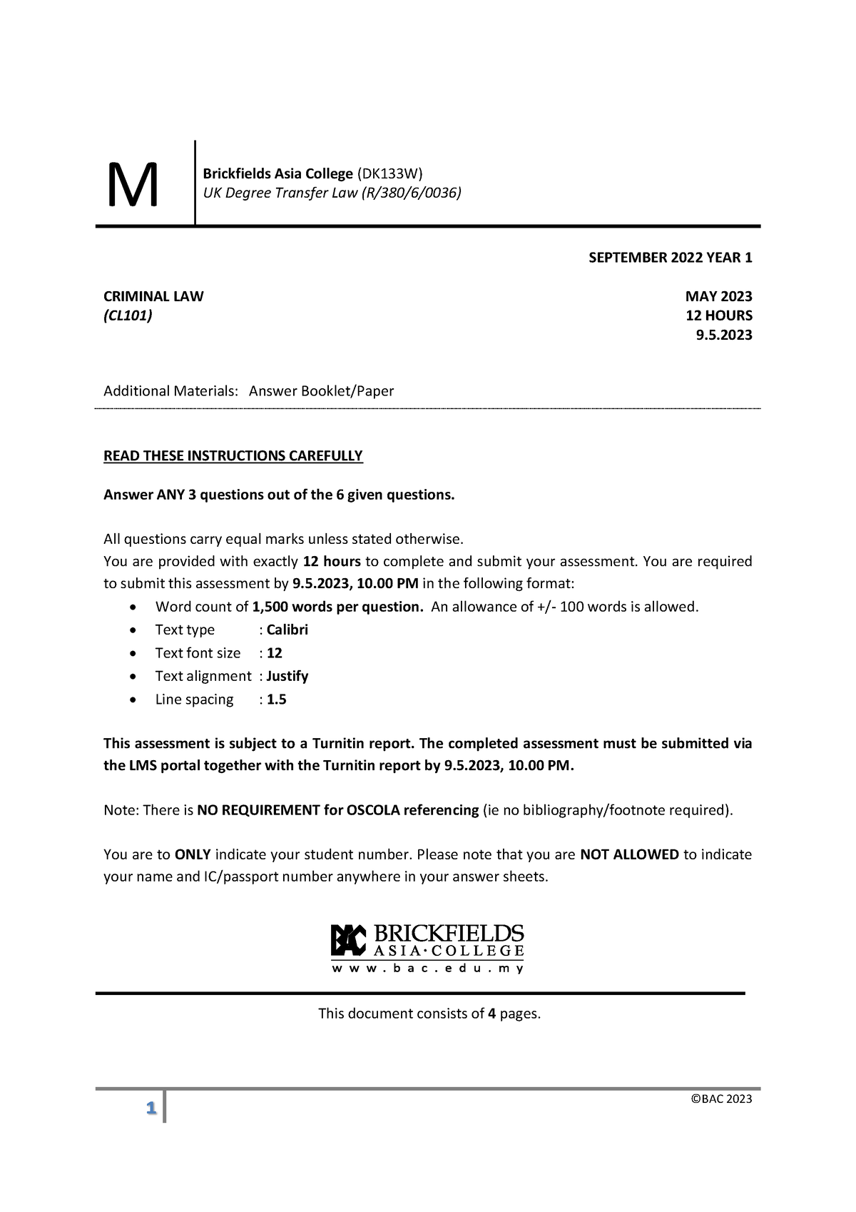 UKT Sept 2022 Y1 Criminal Law (Main) - Edited (Final) - ©BAC 2023 M ...