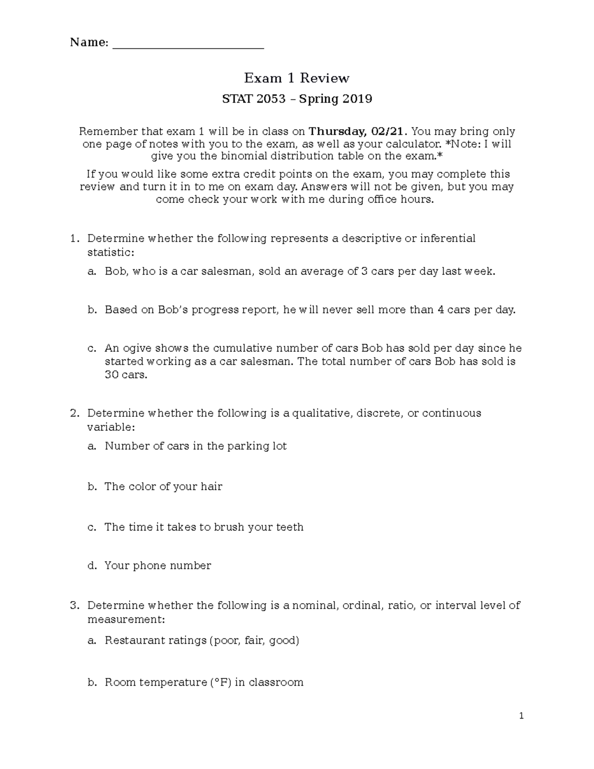 Exam 1 Review - Detailed study guide for the first exam - Name