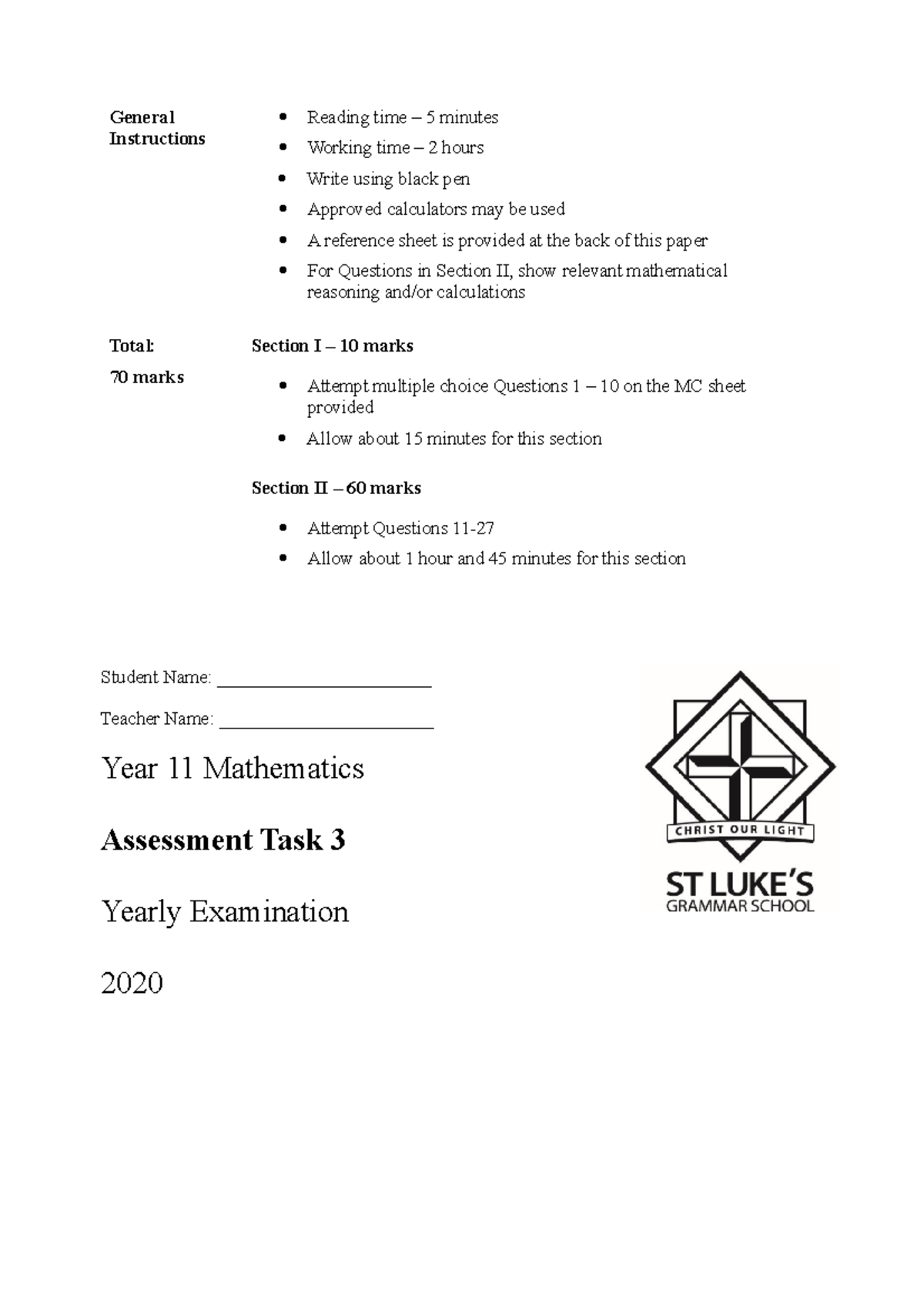2020 Prelim HSC 11 Maths Task 3 Yearly - General Instructions Reading ...