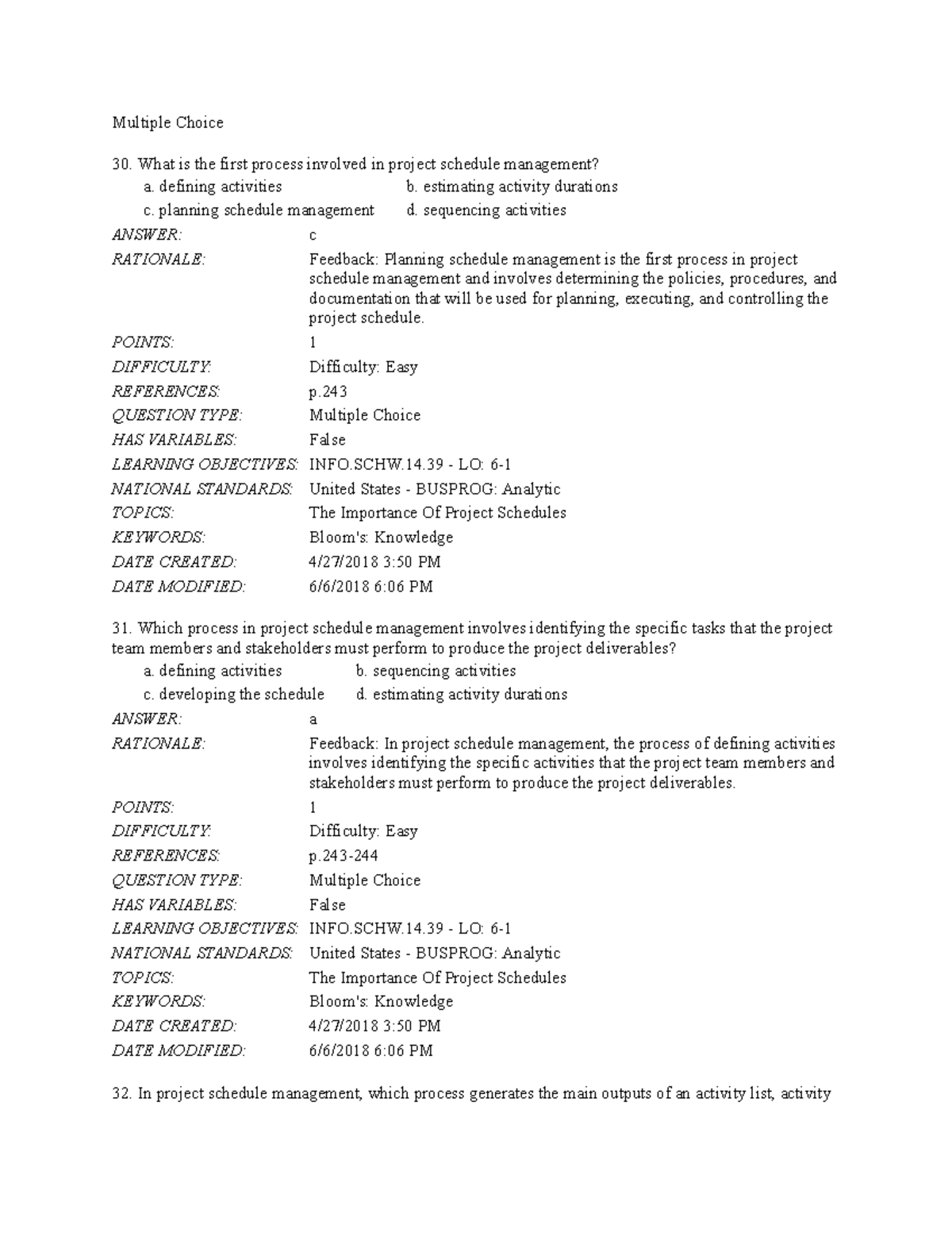Chapter 6 Project Schedule Management MCQ Multiple Choice What Is The 