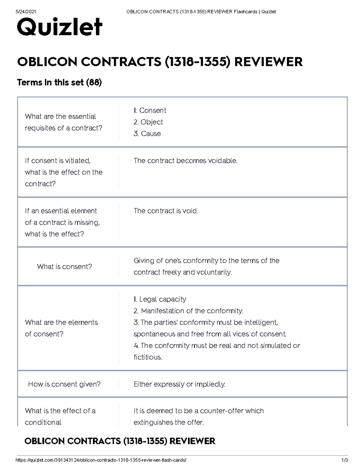 Oblicon Contracts (13181355) Reviewer Flashcards Quizlet 5/24/2021