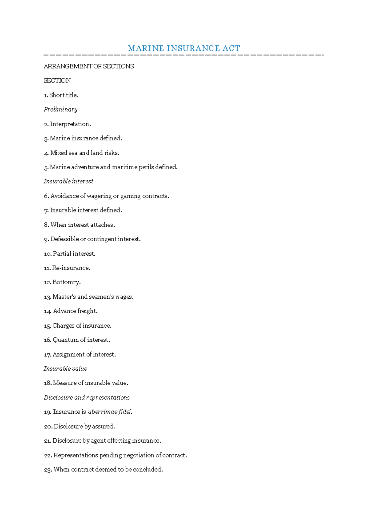 Nig42671 - Assignment help - MARINE INSURANCE ACT ARRANGEMENT OF ...