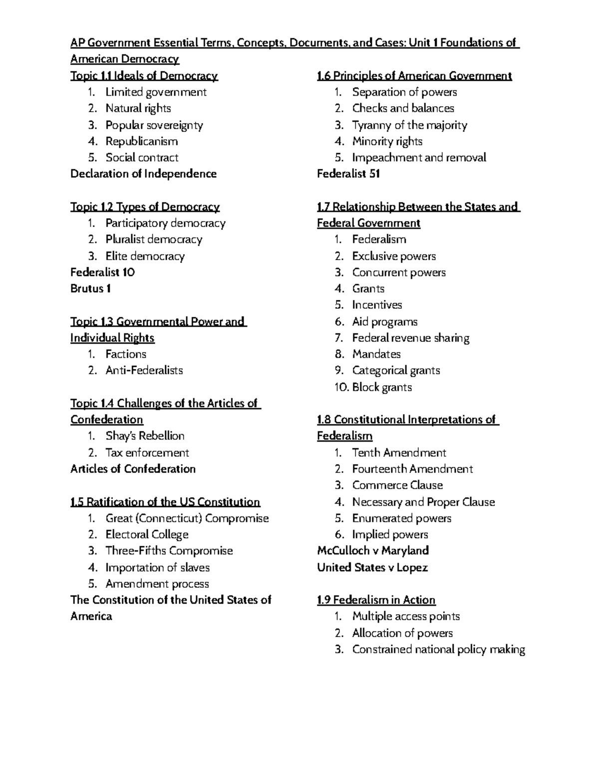 AP Government Essential Terms And Concepts Unit 1 AP Government 