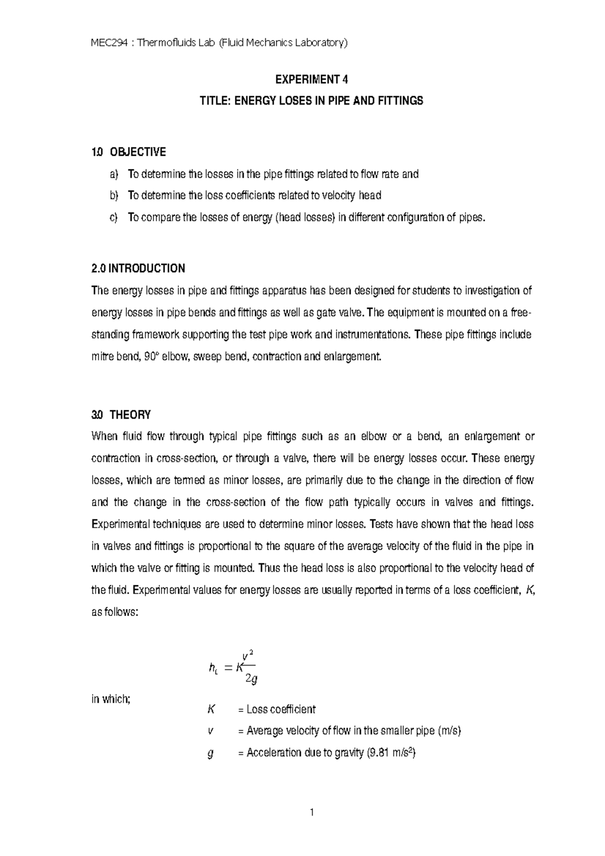 F4; Energy Loses in Pipe and Fittings - MEC294 : Thermofluids Lab ...