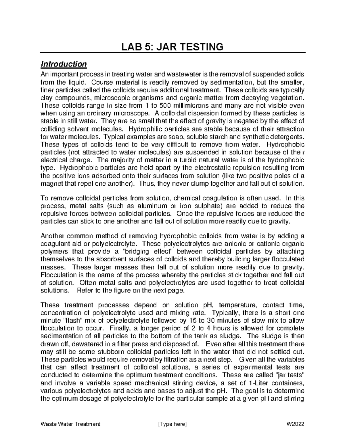 LAB 4 Jar Test W2022 Lab Report LAB 5 JAR TESTING Introduction