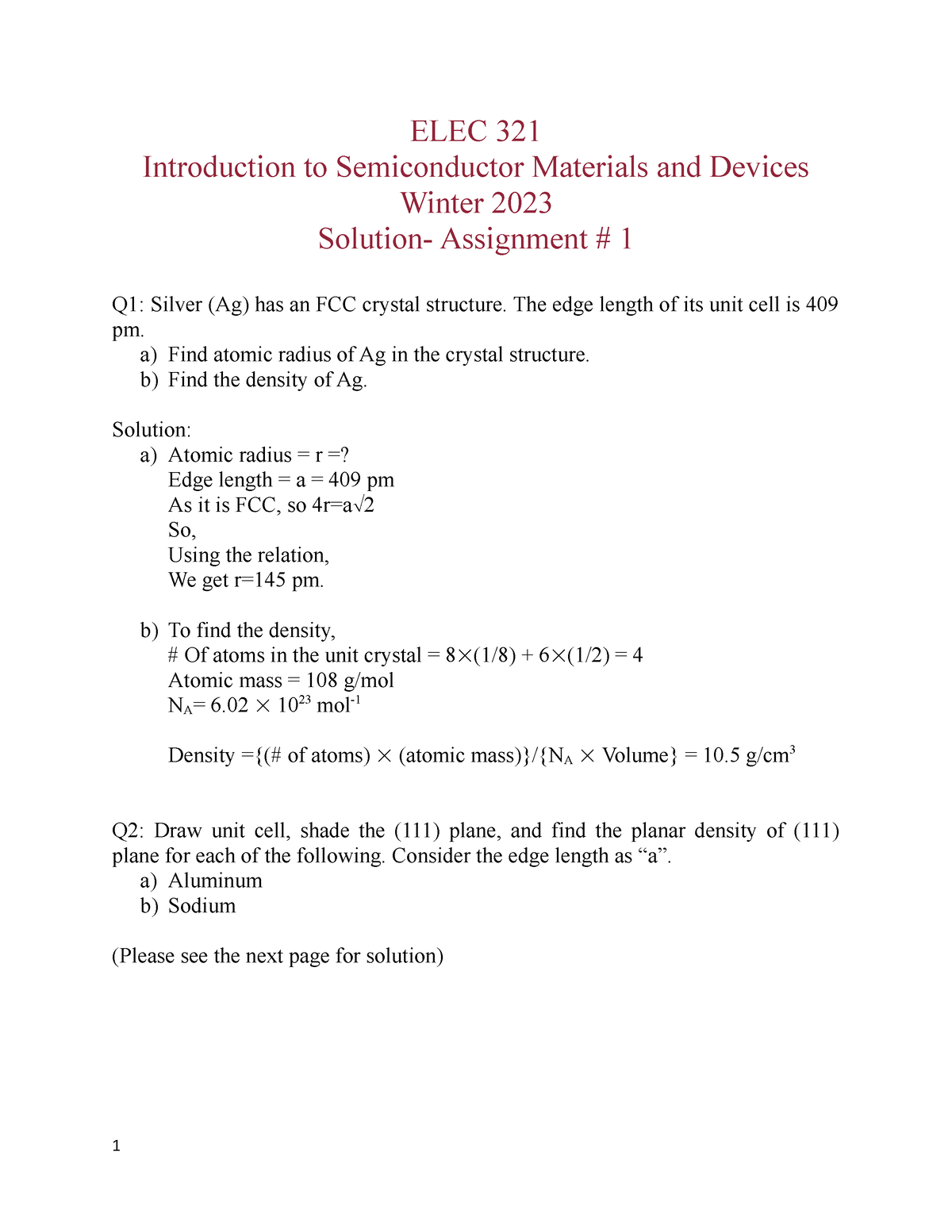 Assignment 1 Solutions - ELEC 321 Introduction To Semiconductor ...