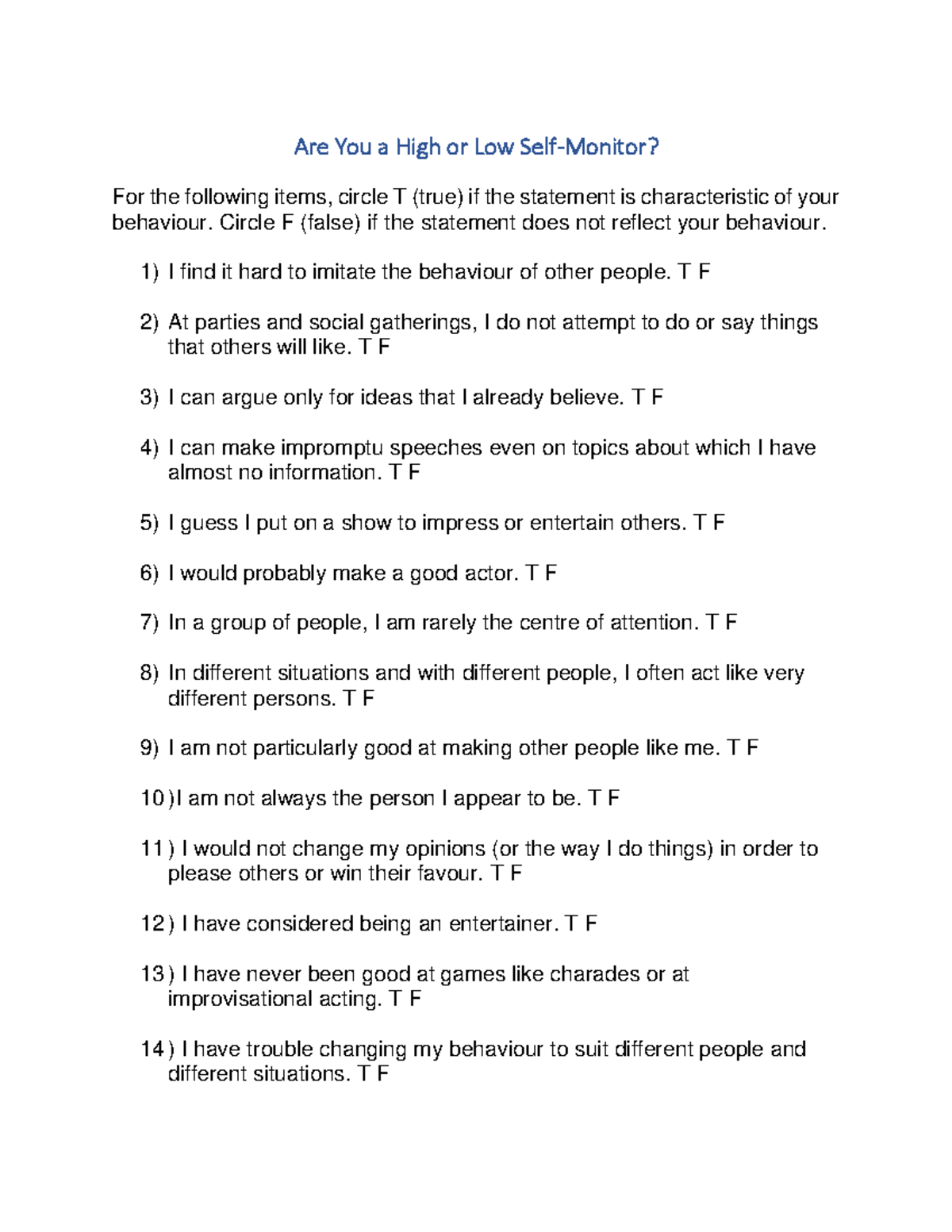 Are You a High or Low Self - Are You a High or Low Self-Monitor? For ...
