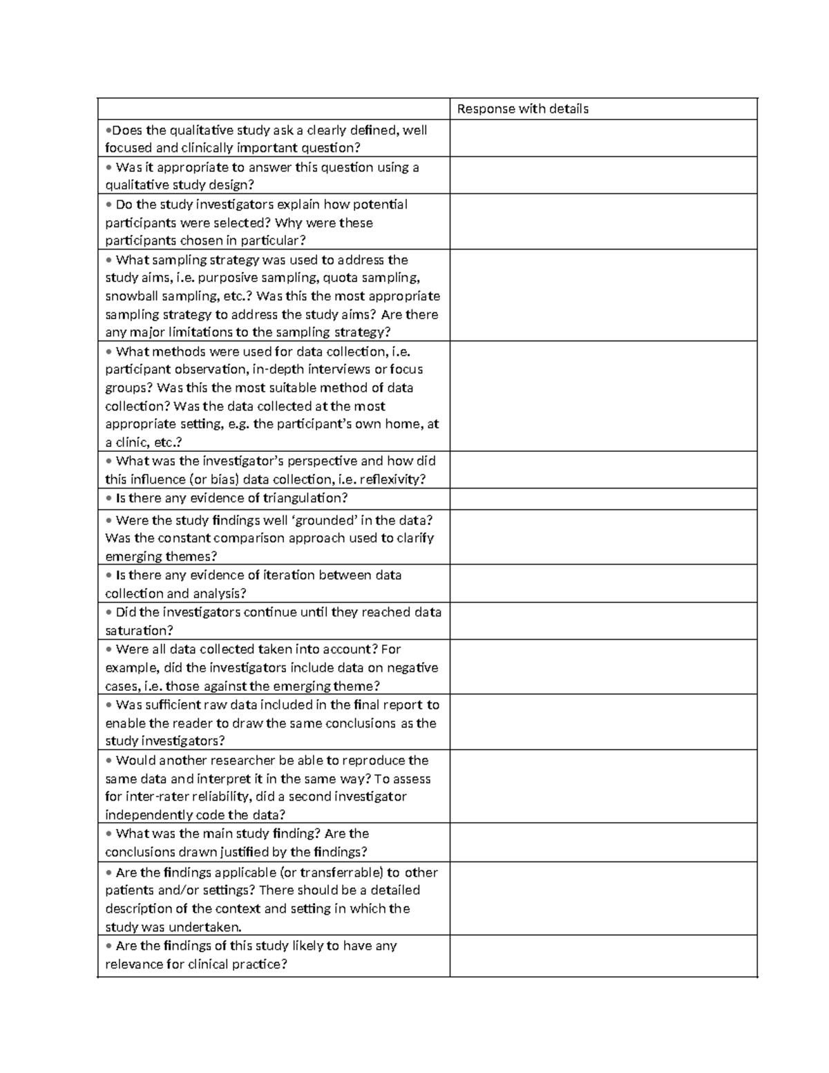 Qua Appraisal - research question - Response with details Does the ...