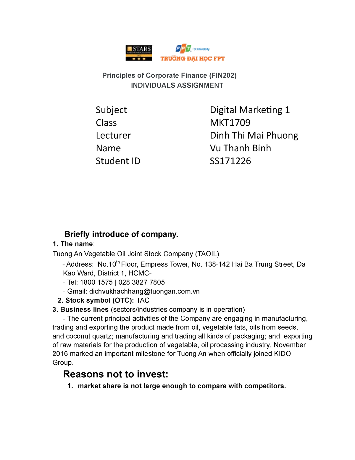 Fin202 - Nah - Principles Of Corporate Finance (FIN202) INDIVIDUALS ...