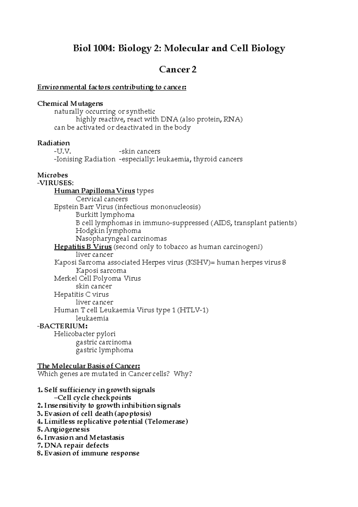Cancer 2 2017 - Biol 1004: Biology 2: Molecular and Cell Biology Cancer ...