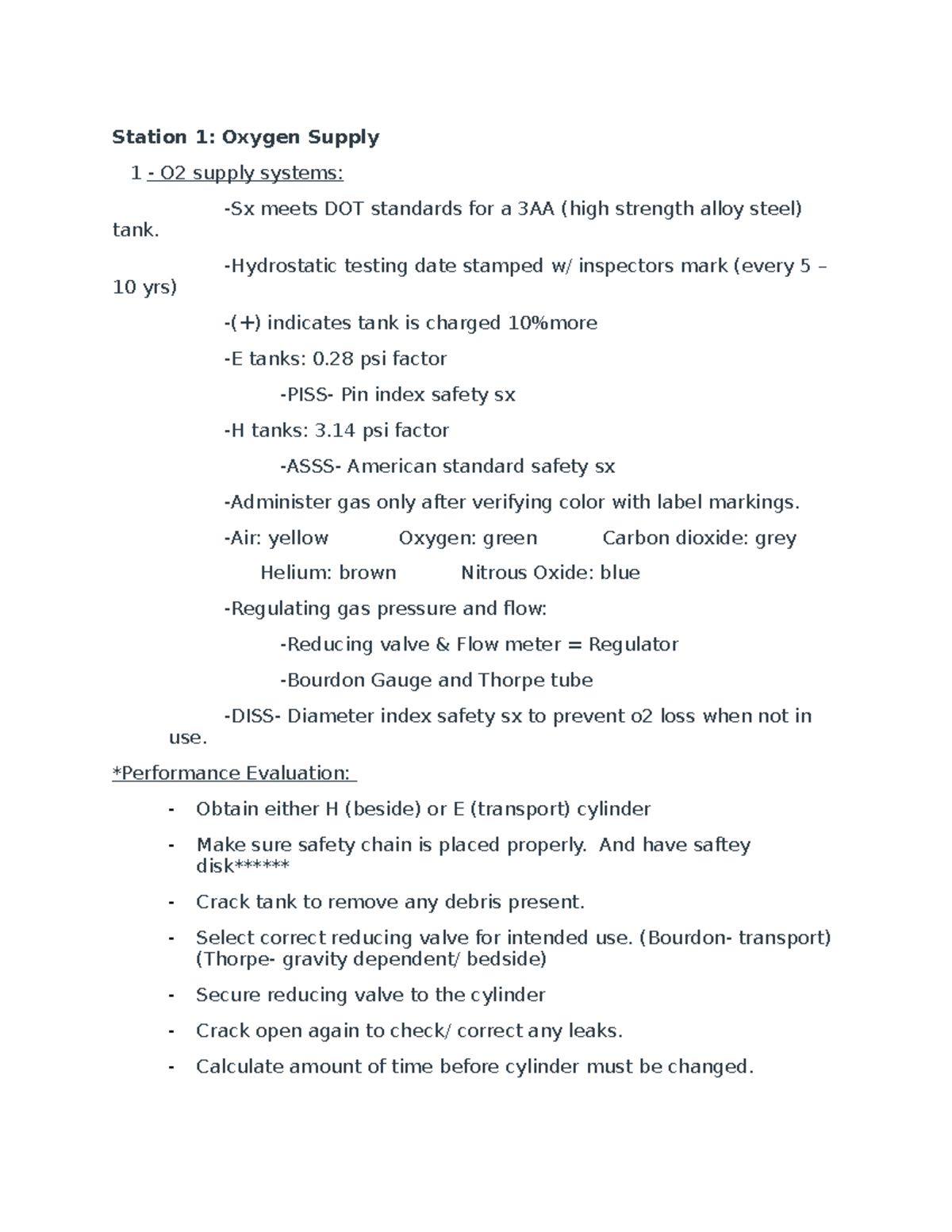 Check offs 1 - Station 1: Oxygen Supply 1 - O2 supply systems: -Sx ...