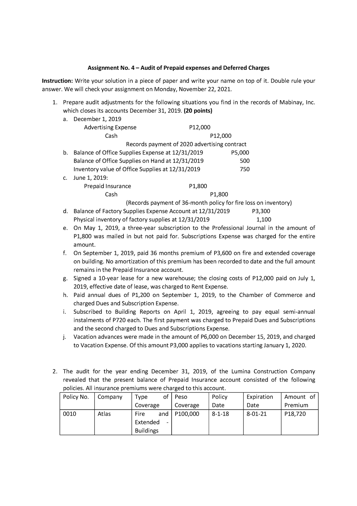 no supporting assignment for charges on the following dates