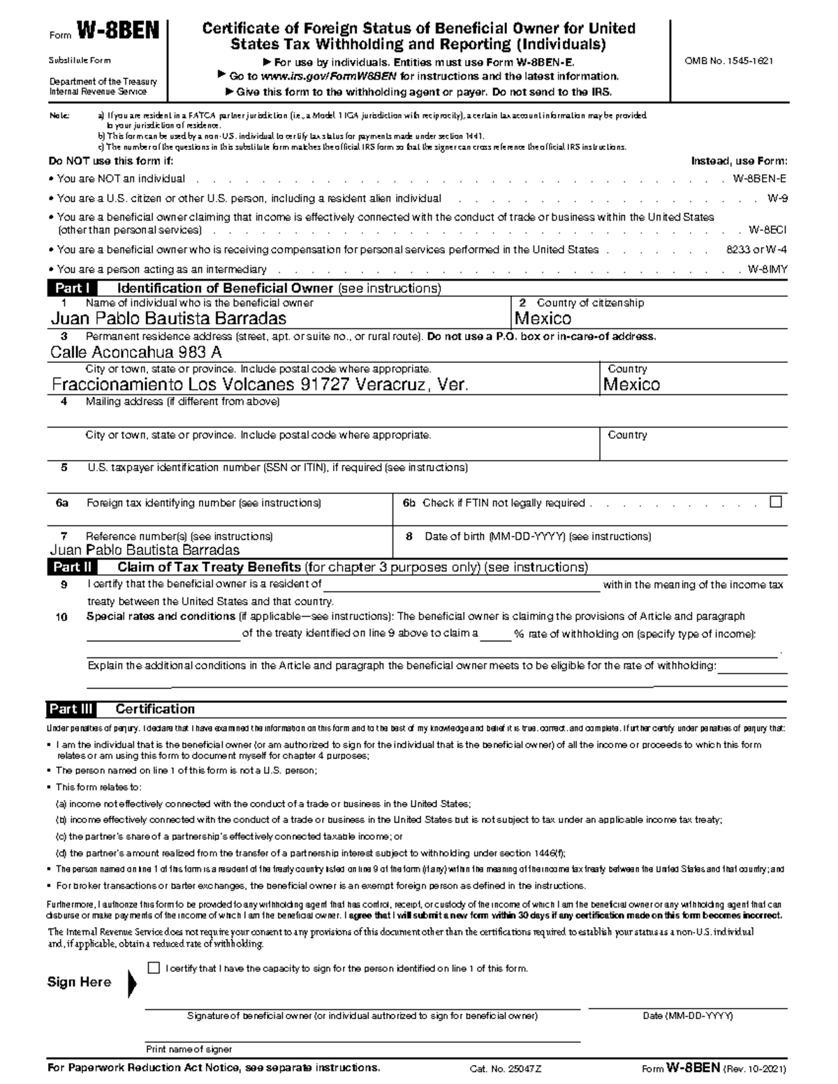 Certificate of Foreign Status of Beneficial Owner for United - W-8BEN ...