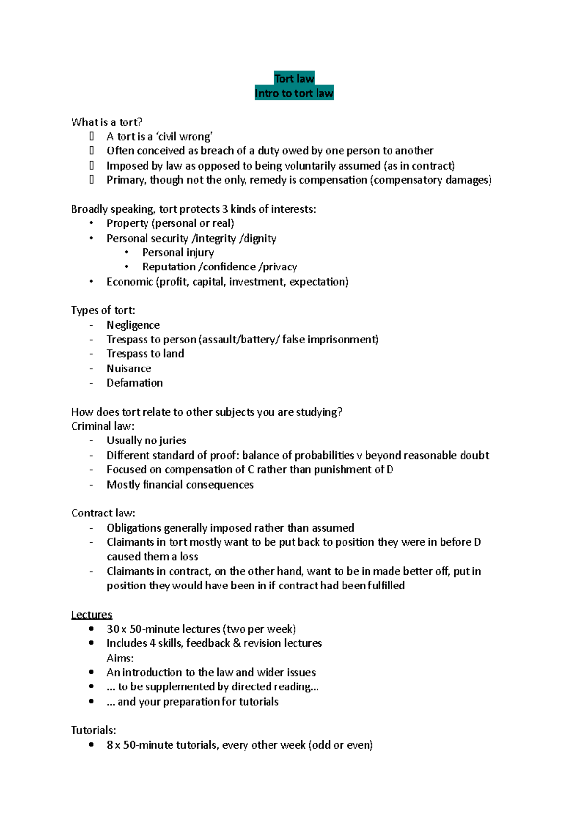 intro to law lecture notes - Tort law Intro to tort law What is a tort ...