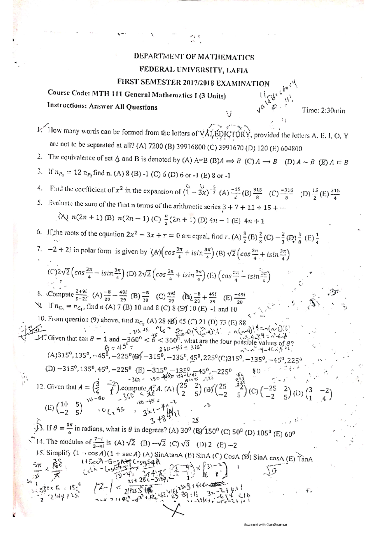 Mth 111 Pq Is An Past Questions Of Mth111 Computer Programming