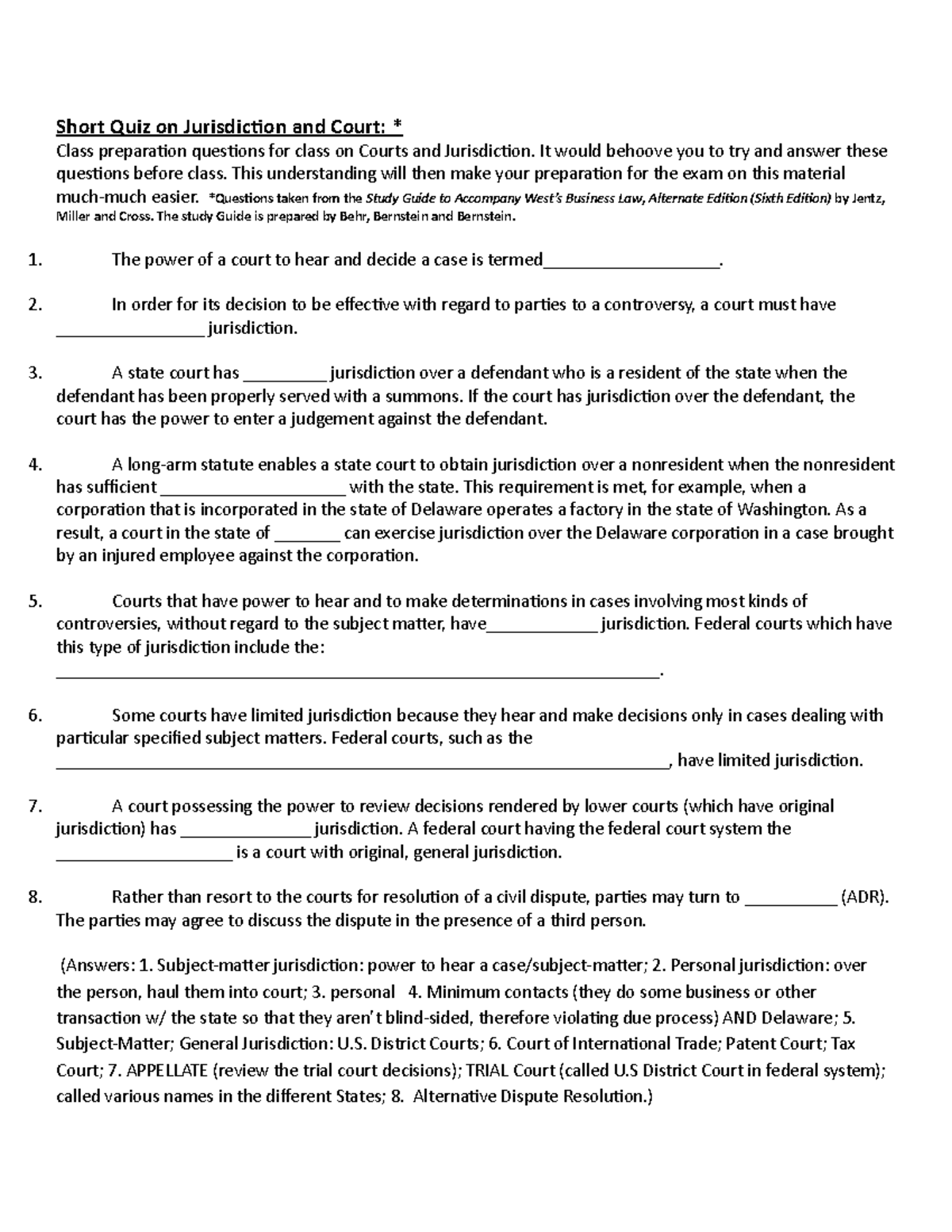 Sharon edit Subject matter jurisdiction Practice - Short Quiz on Jurisdiction and Court: * Class - Studocu Sharon edit Subject matter jurisdiction Practice - Short Quiz on Jurisdiction and Court: * Class - Studocu