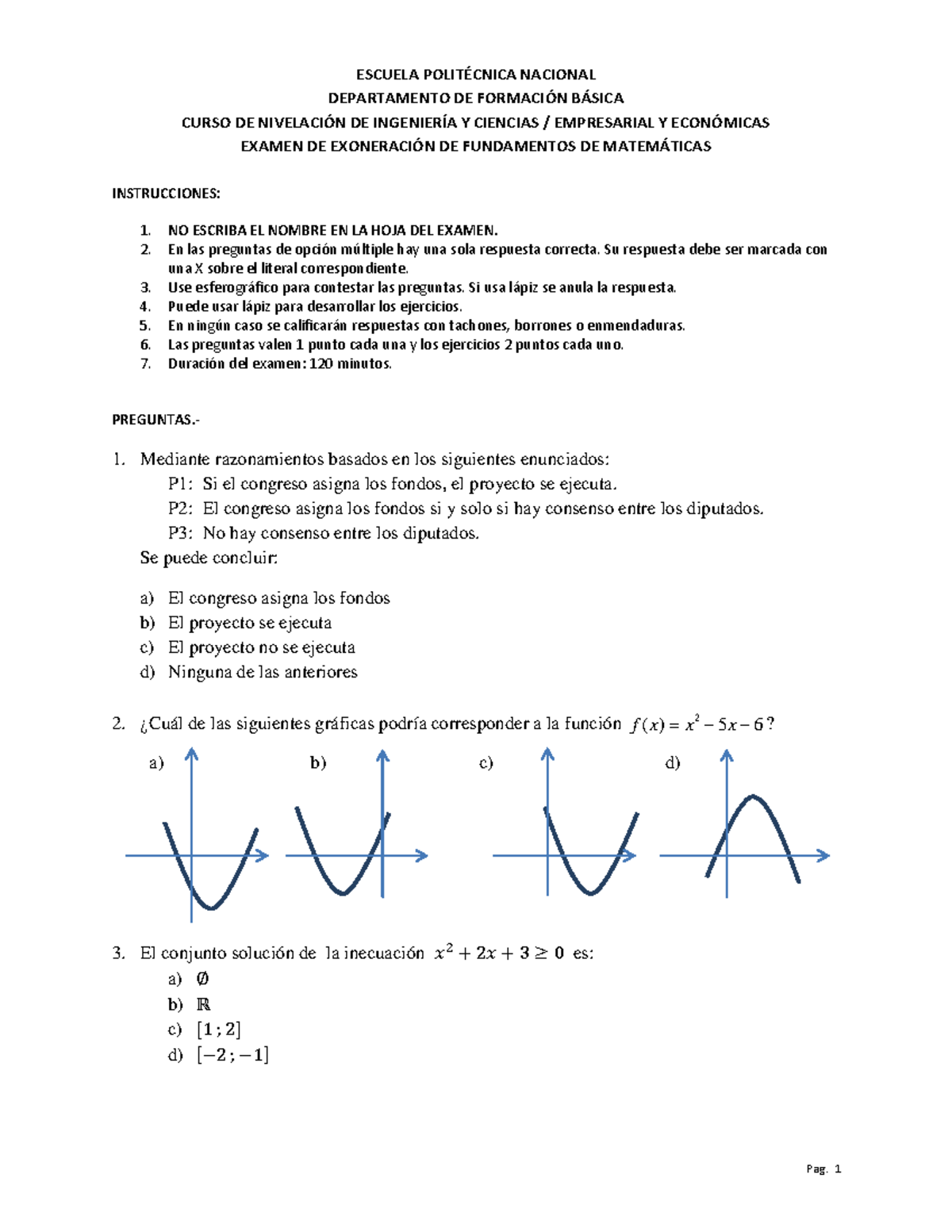 Examen De Fundamentos De Matematica - ESCUELA POLITÉCNICA NACIONAL ...