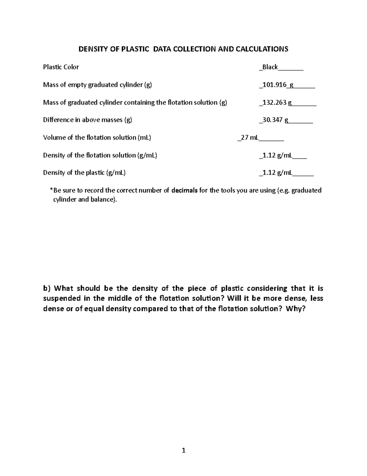 DATA Density OF Plastic 2 DENSITY OF PLASTIC DATA COLLECTION AND
