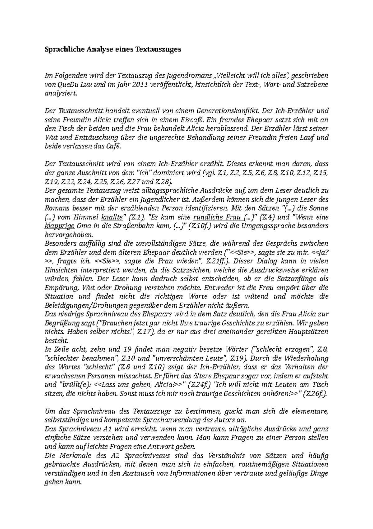 Eine Hand Voller Sterne Textauszug Analyse Sp A Que Du Luu - Sprachliche Analyse eines Textauszuges Im Folgenden