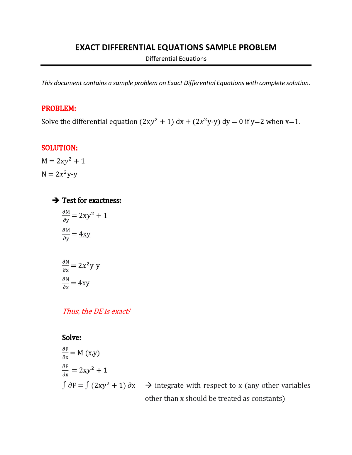 Exact Differential Equation Problem 1 - EXACT DIFFERENTIAL EQUATIONS ...