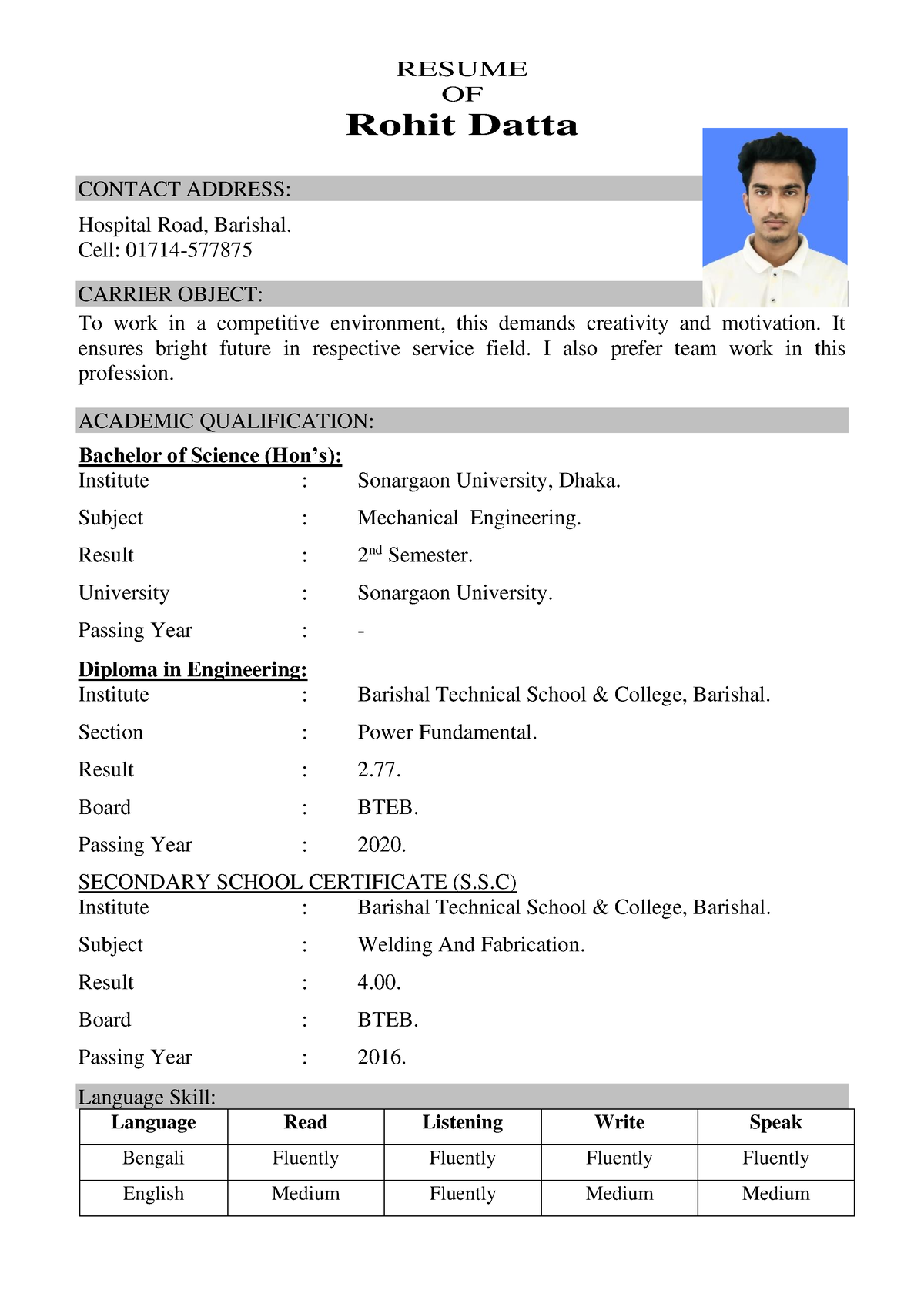 Resume-OF- Rohit - gfnhg - RESUME OF Rohit Datta CONTACT ADDRESS ...