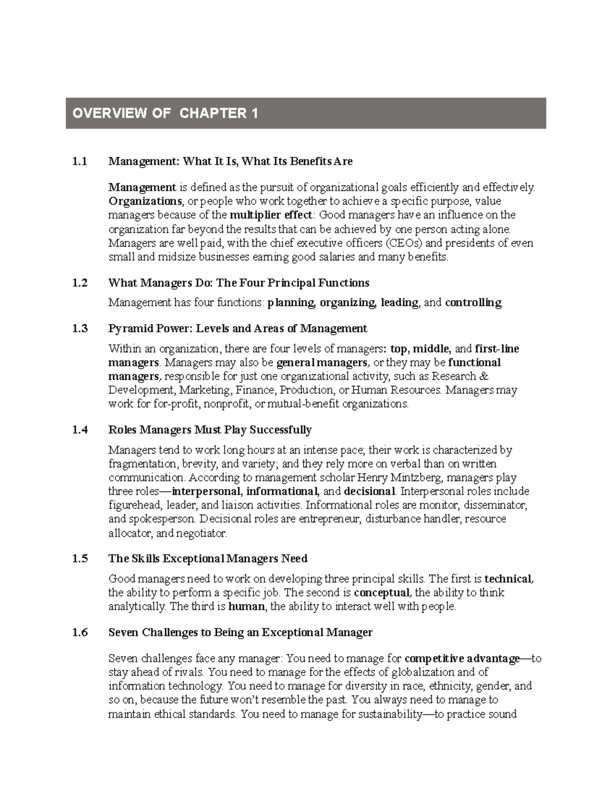 Overview Of Chapter 1 - OVERVIEW OF CHAPTER 1 1 Management: What It Is ...