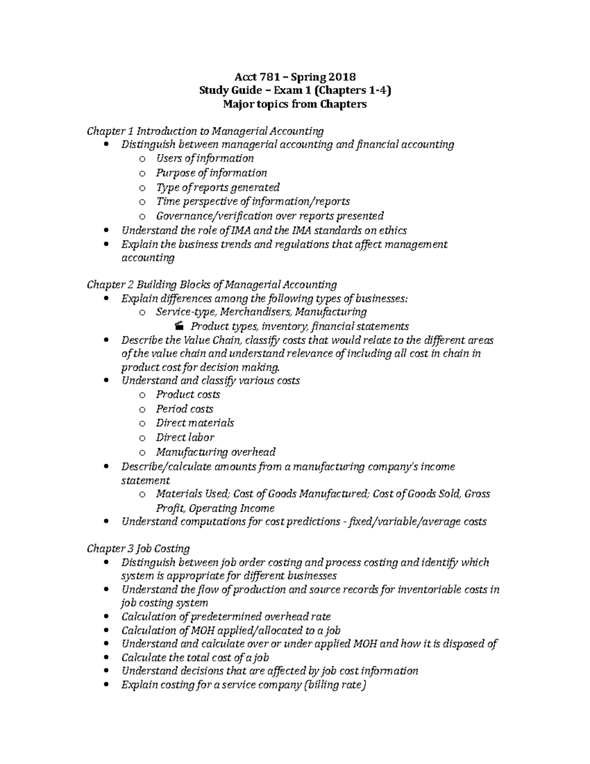 Exam 1 Study Guide Chapters 1-4 - Acct 781 – Spring 2018 Study Guide ...