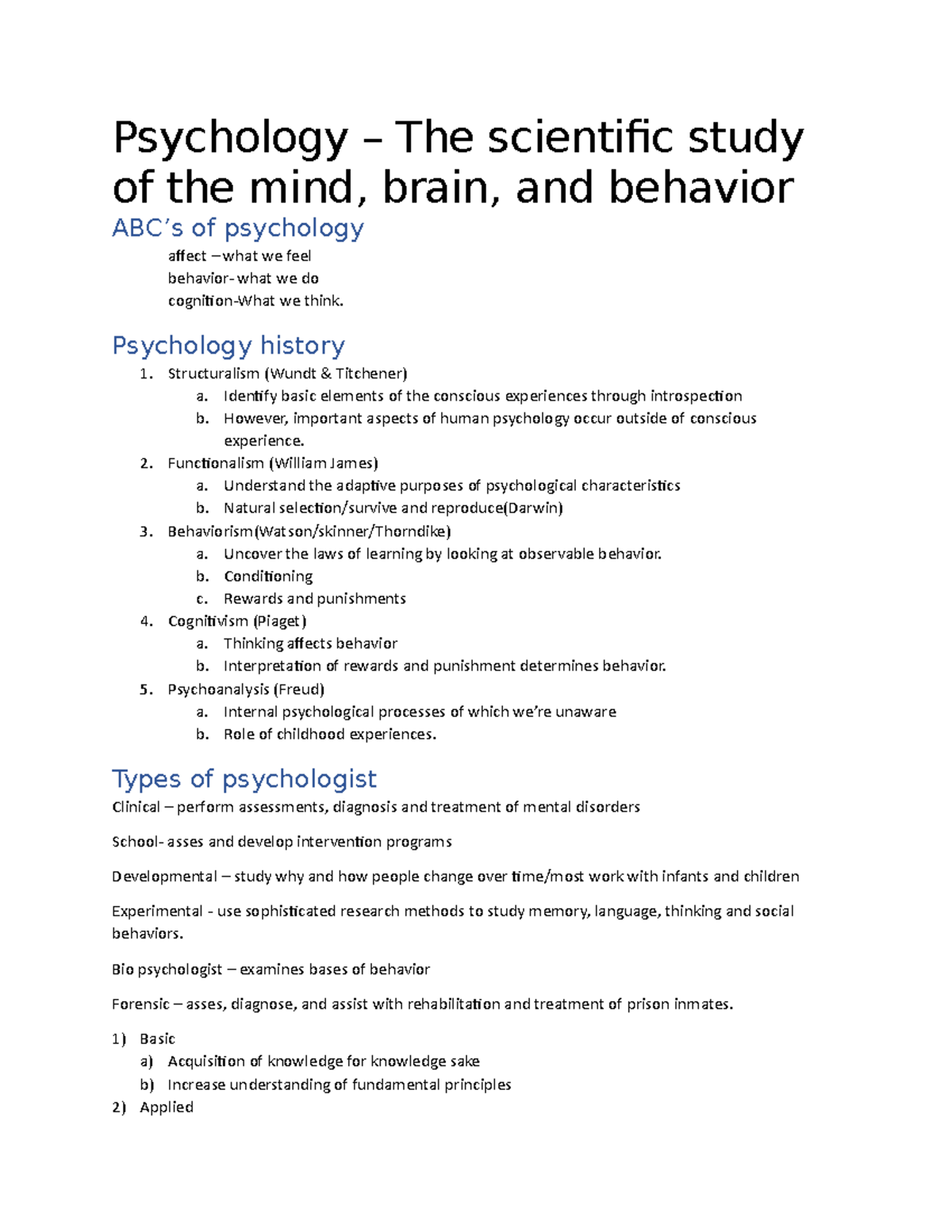 Chapter 1 Lecture Notes - Psychology – The scientific study of the mind ...