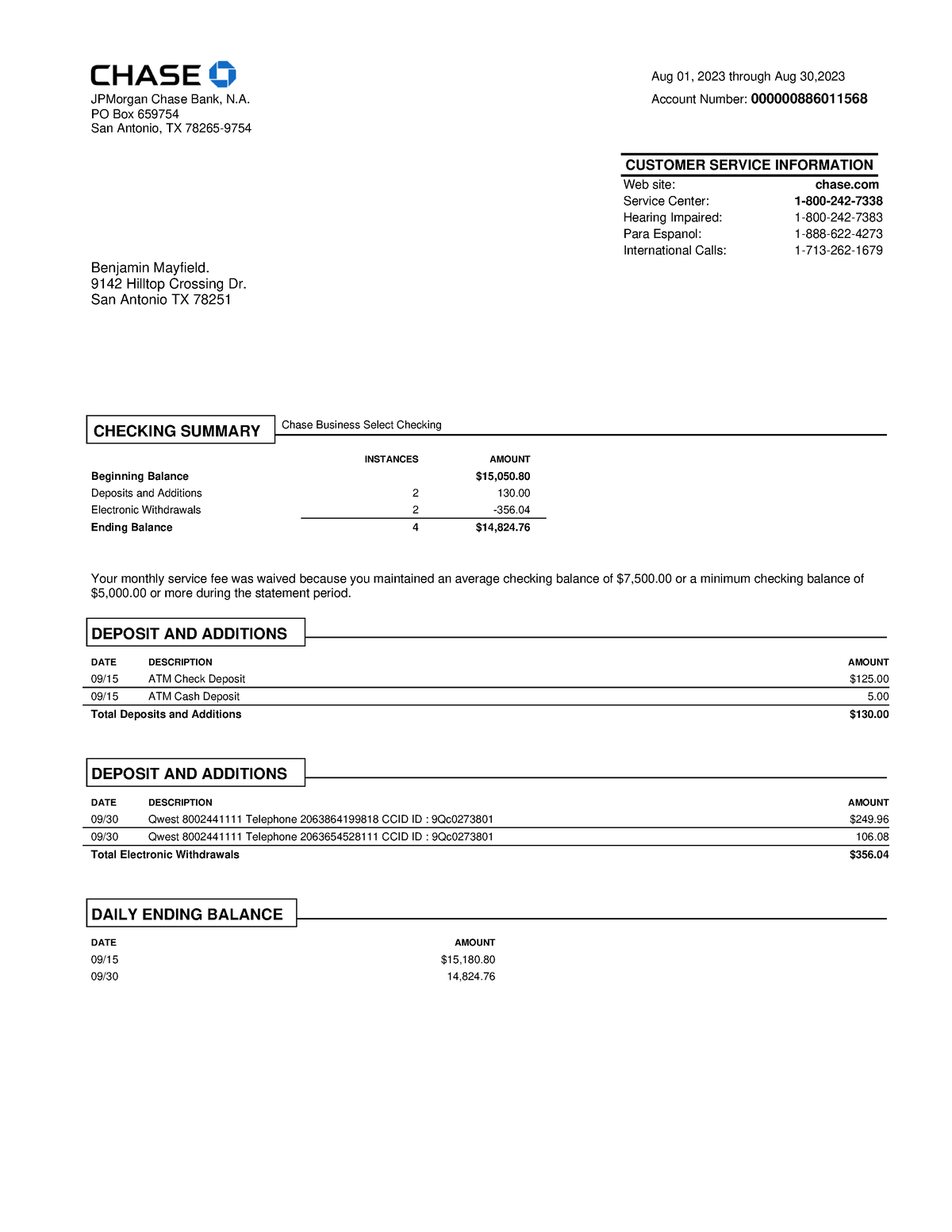 Chase Bank Statement Template Aug 01, 20 23 through Aug 30,20 23