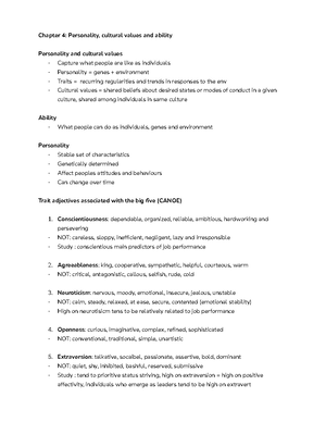 Organizational Behaviour Chapter 04 Quiz - 04 _Student: - Studocu