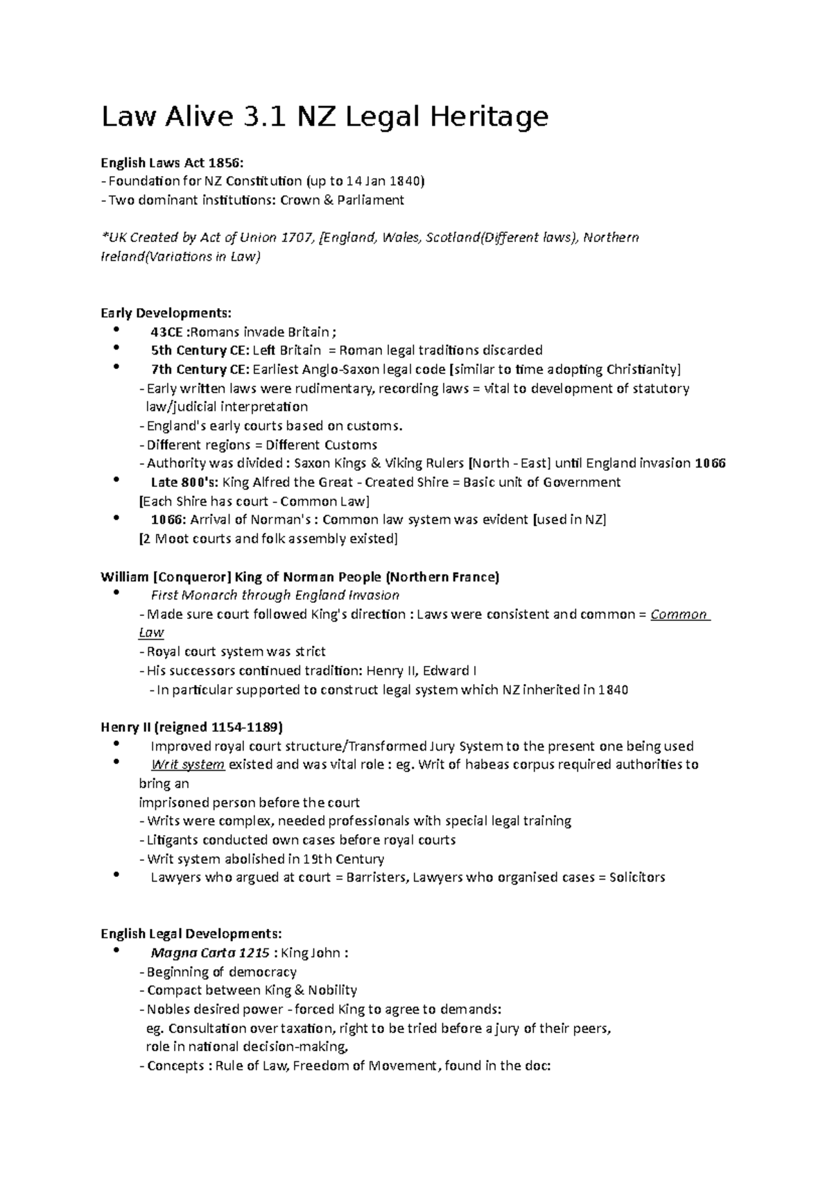 3 - Lecture notes 4 - Law Alive 3 NZ Legal Heritage English Laws Act ...