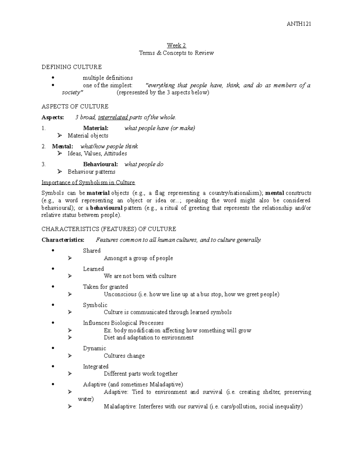 Week 2 The Concept of Culture Maureen Bracewell Week 2 Terms & Concepts to Review DEFINING